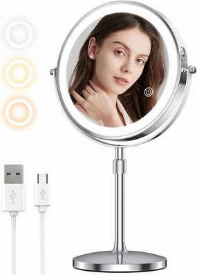 MILPROX 8 Inch Makeup Mirror with 10X Magnification & 3 Color Lights, Adjustable Brightness & Height, Rechargeable Double Sided 1X 10X Magnifying Mirror, Lighted Makeup Mirror Touch Sensor - Silver