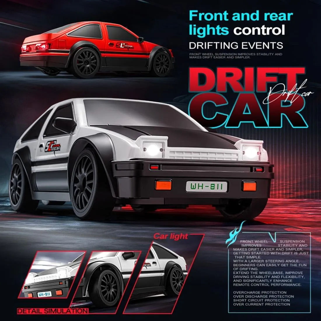 Mini 4WD RC Drift Car, 1/24 Scale 2.4G Remote Control Car with Controllable Lights & 2-Speed Modes, RC Racing Toy for Adults - RTR