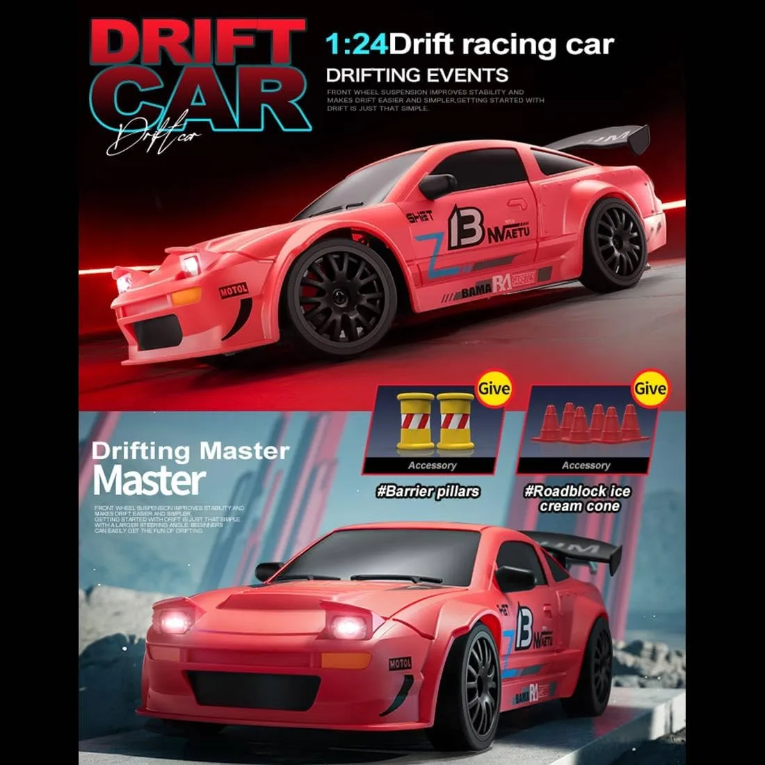 Mini 4WD RC Drift Car, 1/24 Scale 2.4G Remote Control Car with Controllable Lights & 2-Speed Modes, RC Racing Toy for Adults - RTR
