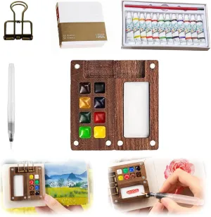 Mini Watercolor Paint Set, Tobios Watercolor Set, Upgrade Pocket with Wooden Grid Palette, Mini Sketchbook & Brushes, Convenient Portable Travel for Students, Beginners, Outdoors (8-Color Palette)