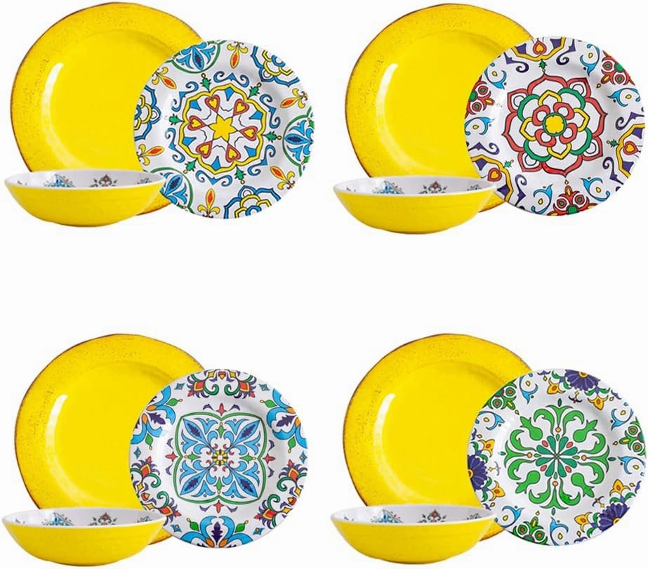 MissYIP 12 Pcs Melamine Dinnerware Sets - Talavera Dinner Dishes Set for Outdoor Use, Melamine Plates and Bowls Sets, Dishwasher Safe, Lightweight and Unbreakable