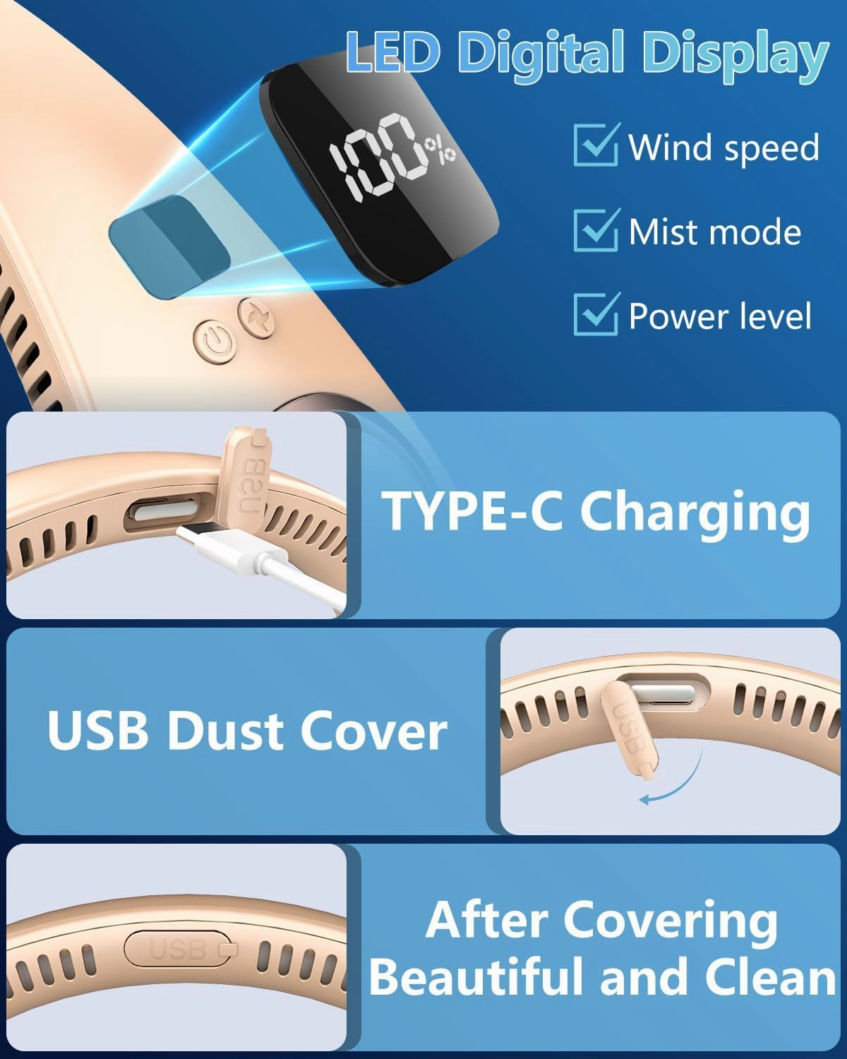 Misting Neck Fan Rechargeable,Battery Powered Fan 4 Speeds, Portable Folding Fan with Mist,Cooling Neck Fans that Blow Cold Air,Hands Free Foldable No Blade Personal Fans for Your Neck Apricot