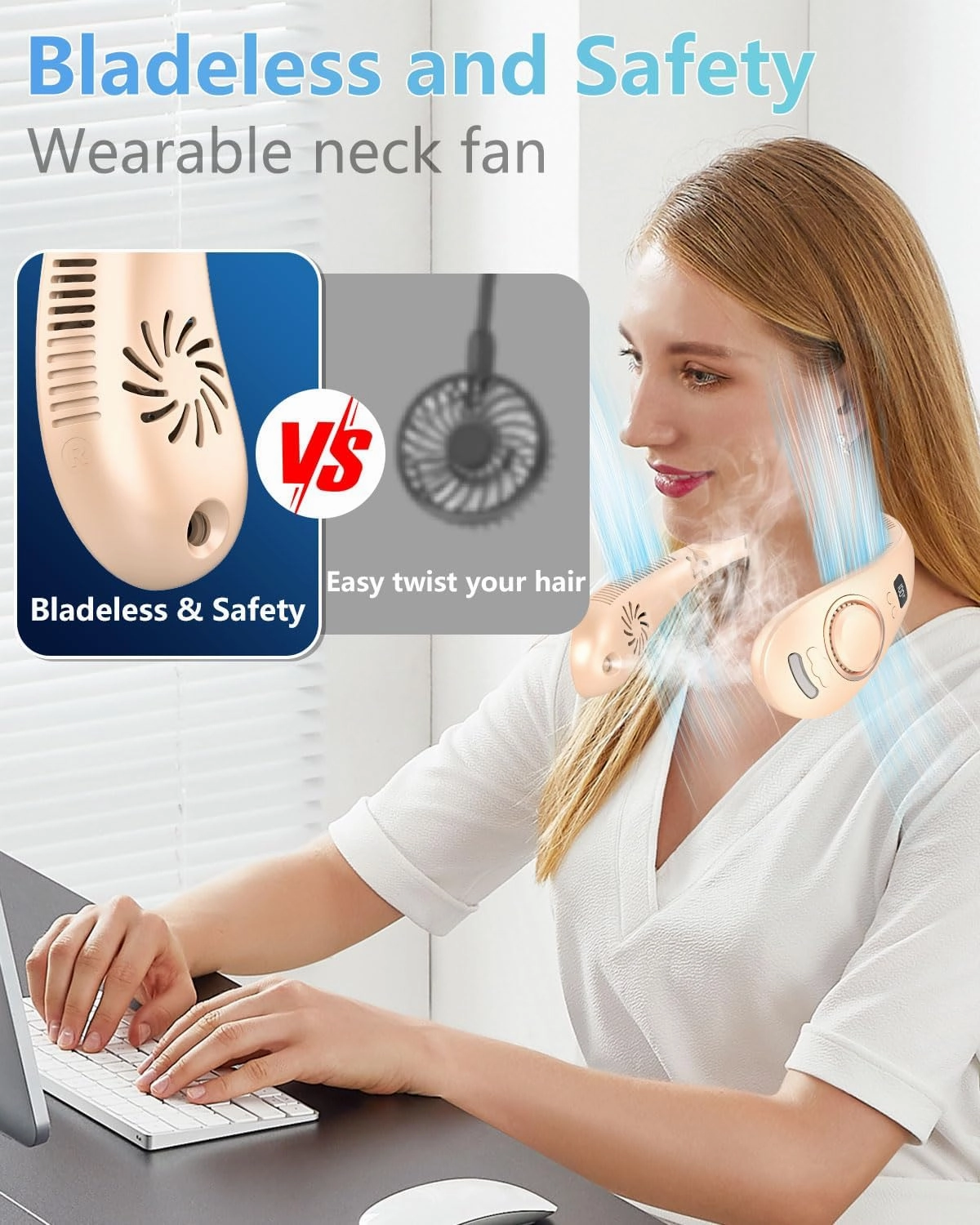 Misting Neck Fan Rechargeable,Battery Powered Fan 4 Speeds, Portable Folding Fan with Mist,Cooling Neck Fans that Blow Cold Air,Hands Free Foldable No Blade Personal Fans for Your Neck Apricot
