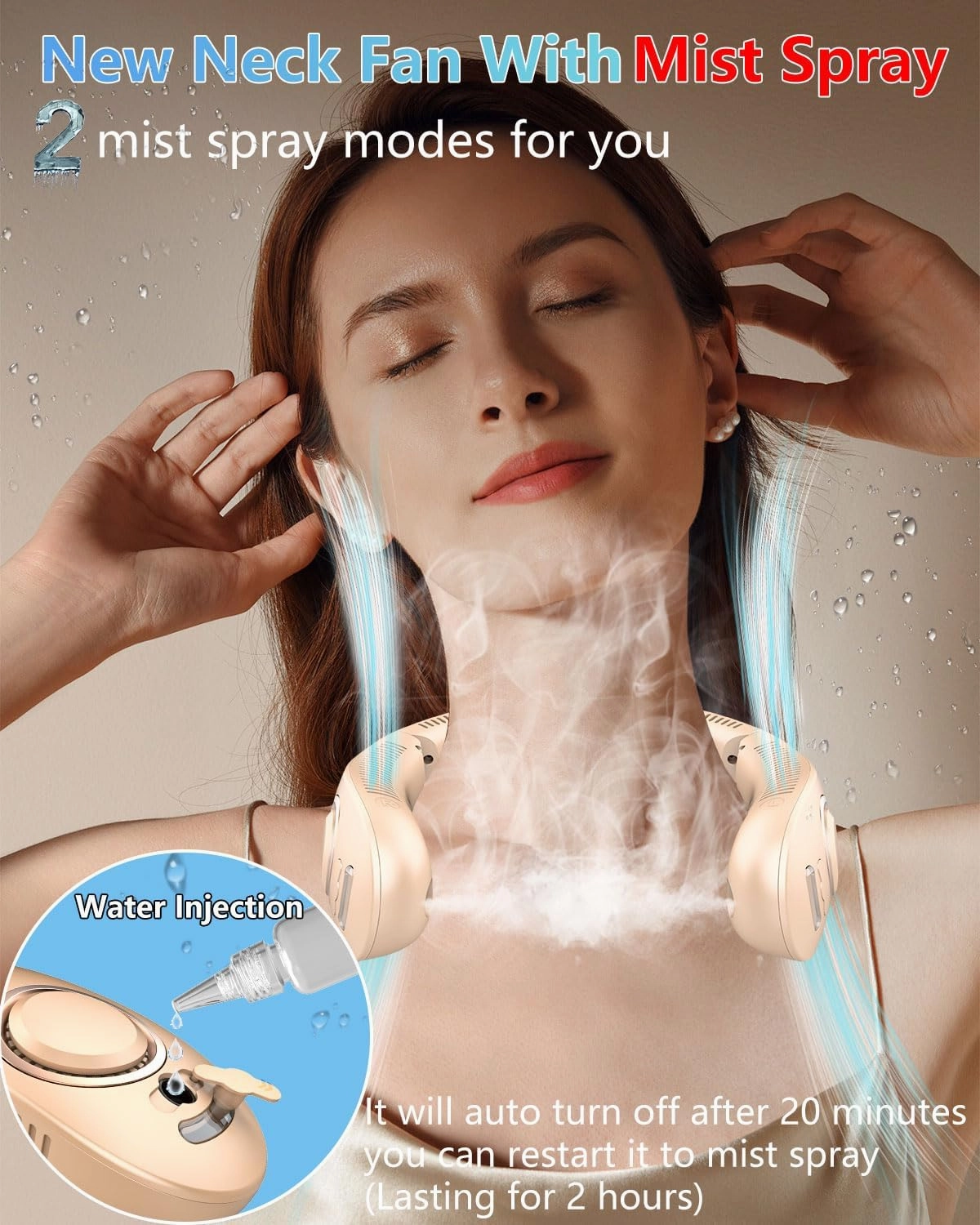 Misting Neck Fan Rechargeable,Battery Powered Fan 4 Speeds, Portable Folding Fan with Mist,Cooling Neck Fans that Blow Cold Air,Hands Free Foldable No Blade Personal Fans for Your Neck Apricot
