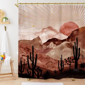 Miyotaa Abstract Mountain Shower Curtain Set 60Wx71H Inches Sun Sunset Sunrise Mid Century Terracotta Cactus Desert Polyester Waterproof Cloth Bathroom Curtain with 12 Hooks