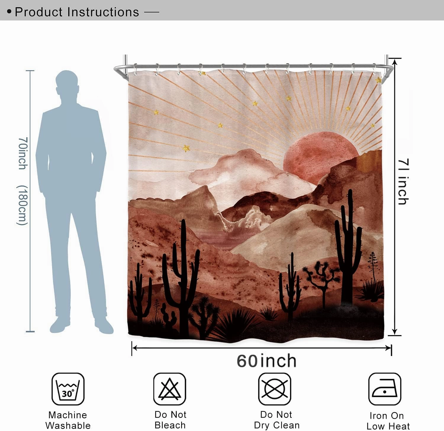 Miyotaa Abstract Mountain Shower Curtain Set 60Wx71H Inches Sun Sunset Sunrise Mid Century Terracotta Cactus Desert Polyester Waterproof Cloth Bathroom Curtain with 12 Hooks