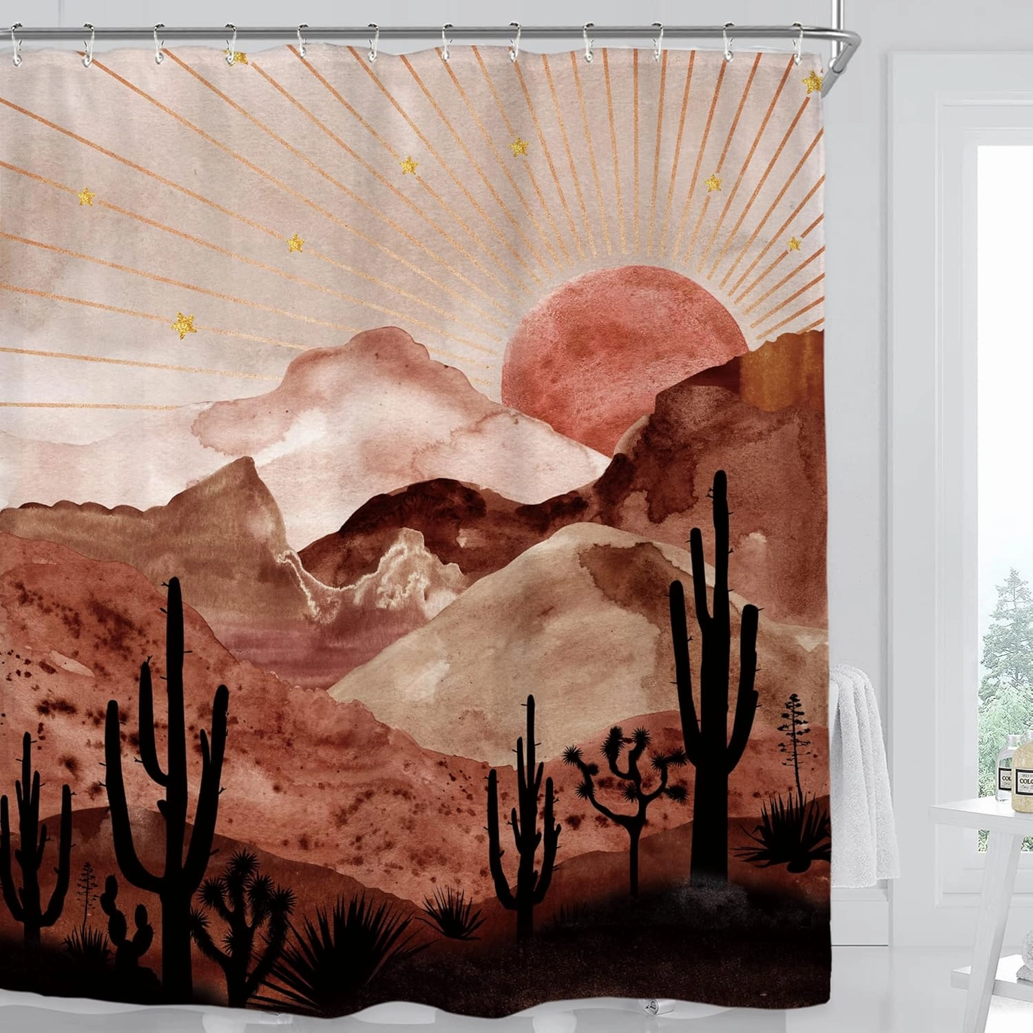 Miyotaa Abstract Mountain Shower Curtain Set 60Wx71H Inches Sun Sunset Sunrise Mid Century Terracotta Cactus Desert Polyester Waterproof Cloth Bathroom Curtain with 12 Hooks