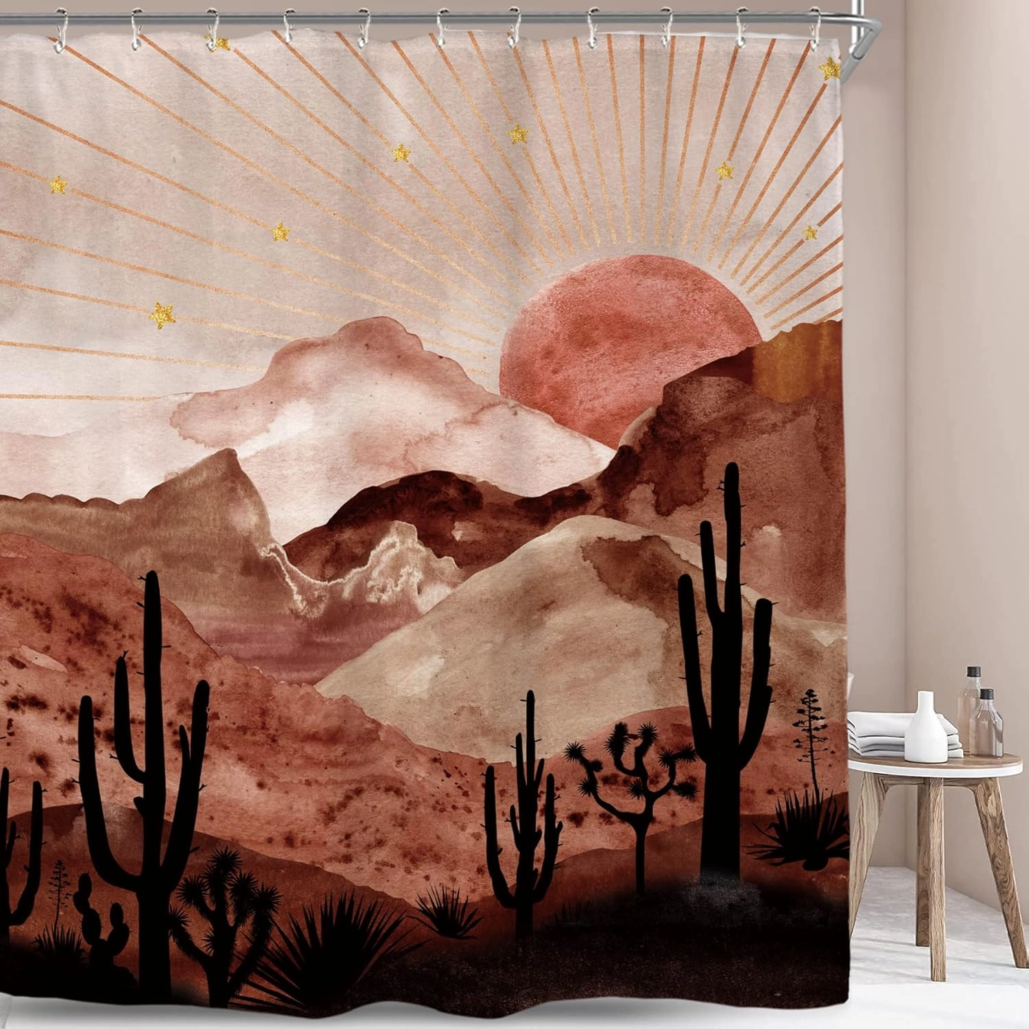 Miyotaa Abstract Mountain Shower Curtain Set 60Wx71H Inches Sun Sunset Sunrise Mid Century Terracotta Cactus Desert Polyester Waterproof Cloth Bathroom Curtain with 12 Hooks
