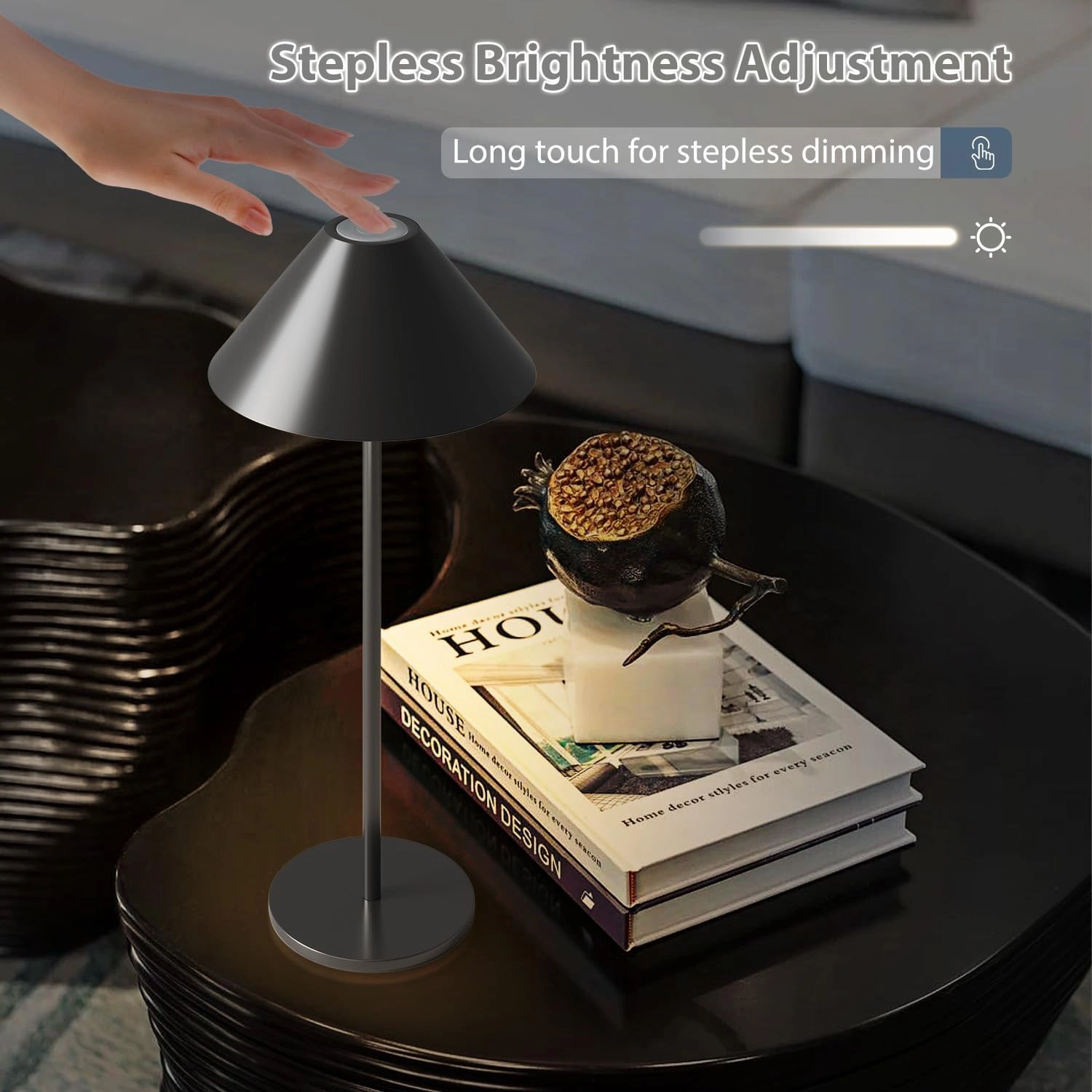 Modern LED Rechargeable Cordless Table Lamp, IP54 Waterproof, 240LM Dimmable Battery Operated Lamp, 4000mAh Certified Battery, 3000K Portable Bedside Lamp (Black)