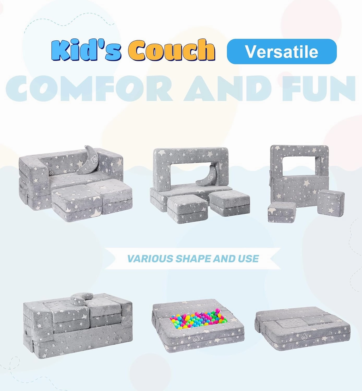 Modular Kids Sofa, Glow in The Dark Star Plush Couch, Convertible Kids Play Set, Fold Out Sofa Bed(Stars)