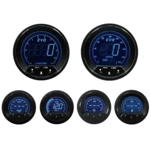 MOTOR METER RACING EVO Series Digital 6 Gauge Set - Blue Red White Green Switchable LED - 3-3/8" 85mm GPS Speedometer & Tachometer - 2-1/16" 52mm Voltage, Fuel Level, Water Temperature & Oil Pressure
