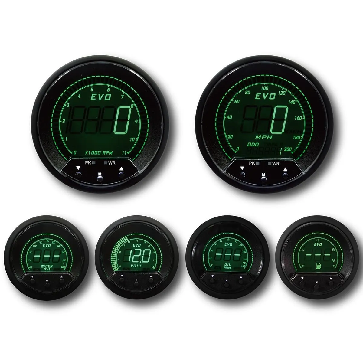 MOTOR METER RACING EVO Series Digital 6 Gauge Set - Blue Red White Green Switchable LED - 3-3/8" 85mm GPS Speedometer & Tachometer - 2-1/16" 52mm Voltage, Fuel Level, Water Temperature & Oil Pressure