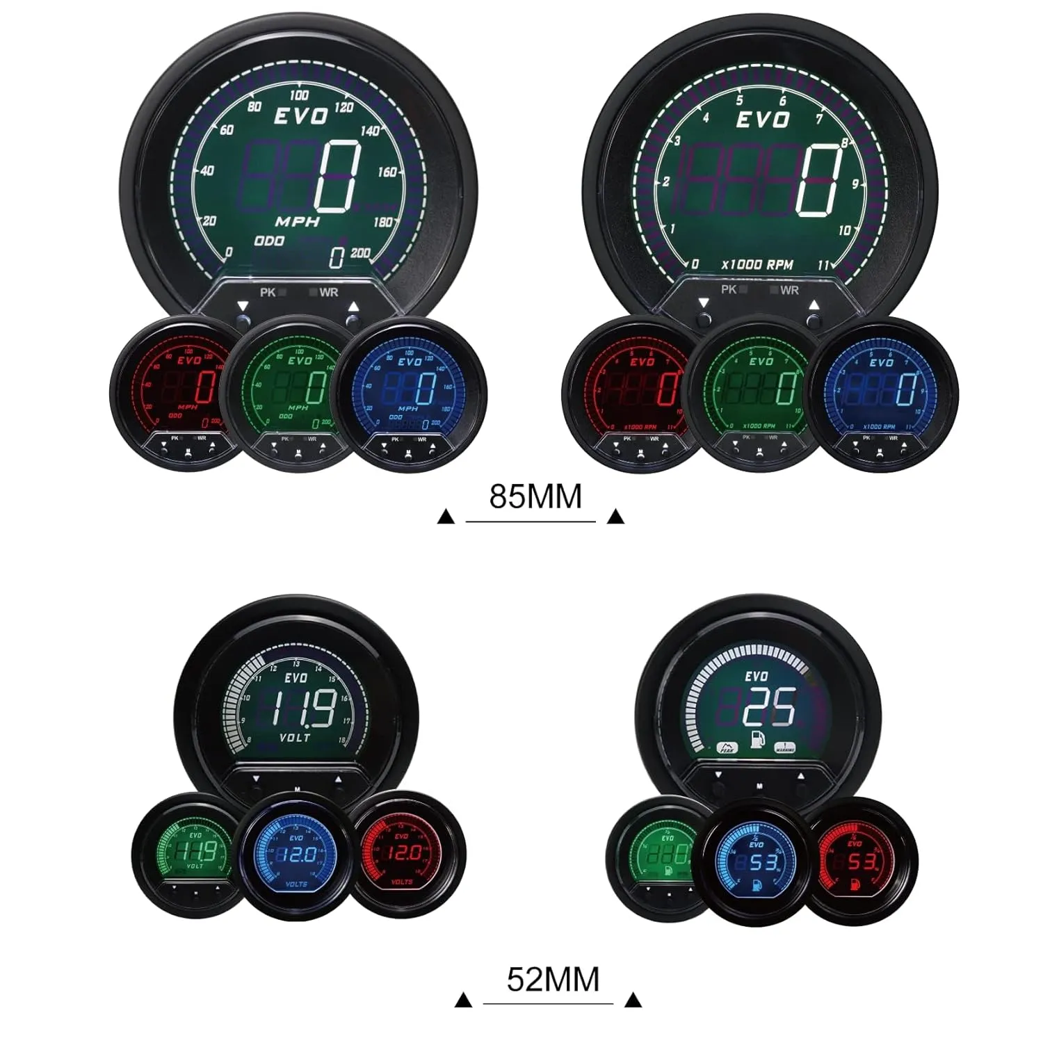 MOTOR METER RACING EVO Series Digital 6 Gauge Set - Blue Red White Green Switchable LED - 3-3/8" 85mm GPS Speedometer & Tachometer - 2-1/16" 52mm Voltage, Fuel Level, Water Temperature & Oil Pressure