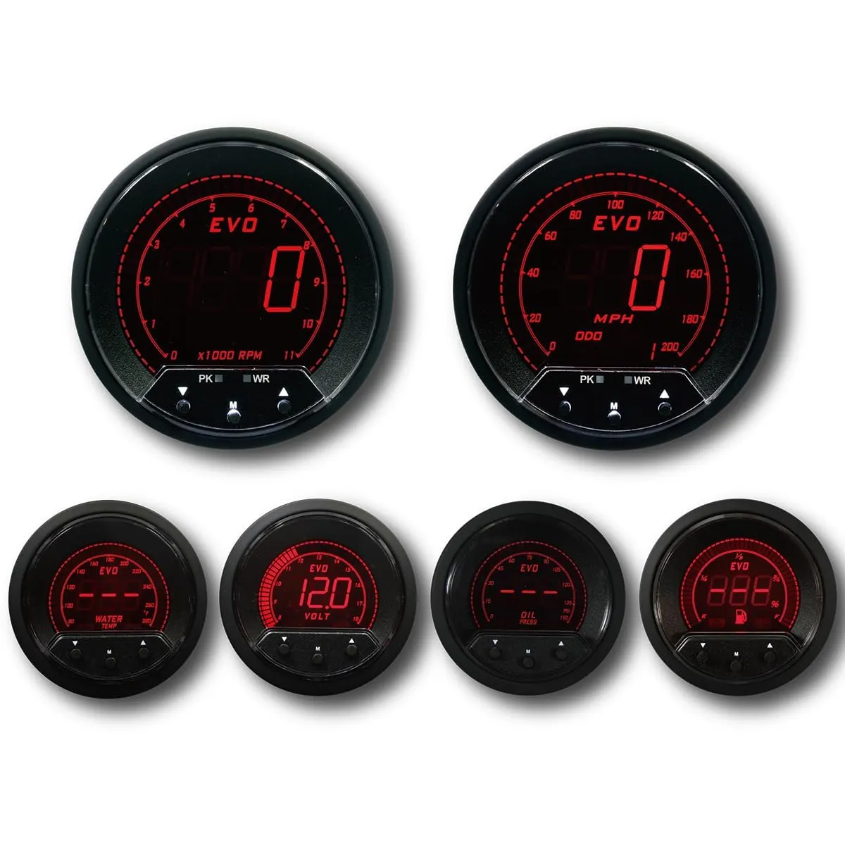 MOTOR METER RACING EVO Series Digital 6 Gauge Set - Blue Red White Green Switchable LED - 3-3/8" 85mm GPS Speedometer & Tachometer - 2-1/16" 52mm Voltage, Fuel Level, Water Temperature & Oil Pressure