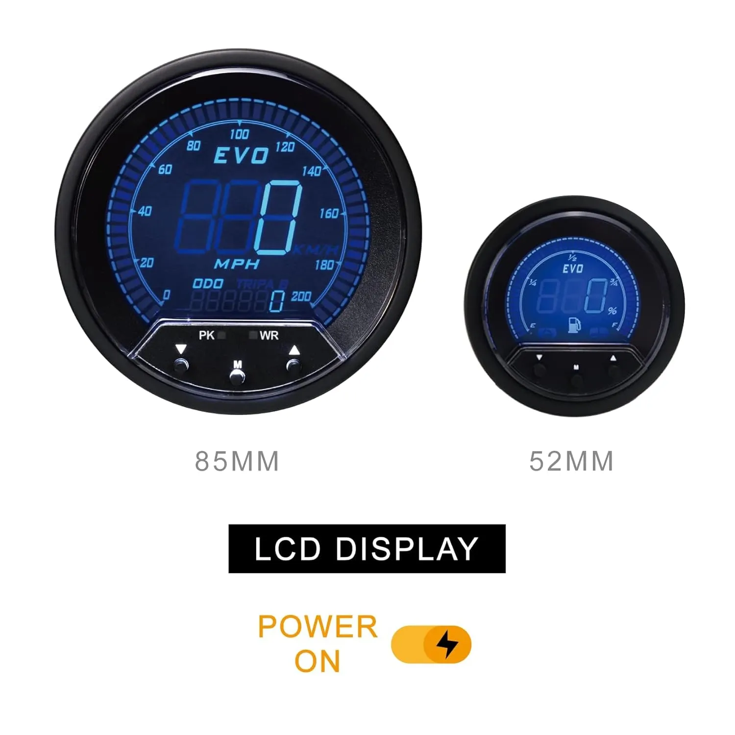 MOTOR METER RACING EVO Series Digital 6 Gauge Set - Blue Red White Green Switchable LED - 3-3/8" 85mm GPS Speedometer & Tachometer - 2-1/16" 52mm Voltage, Fuel Level, Water Temperature & Oil Pressure
