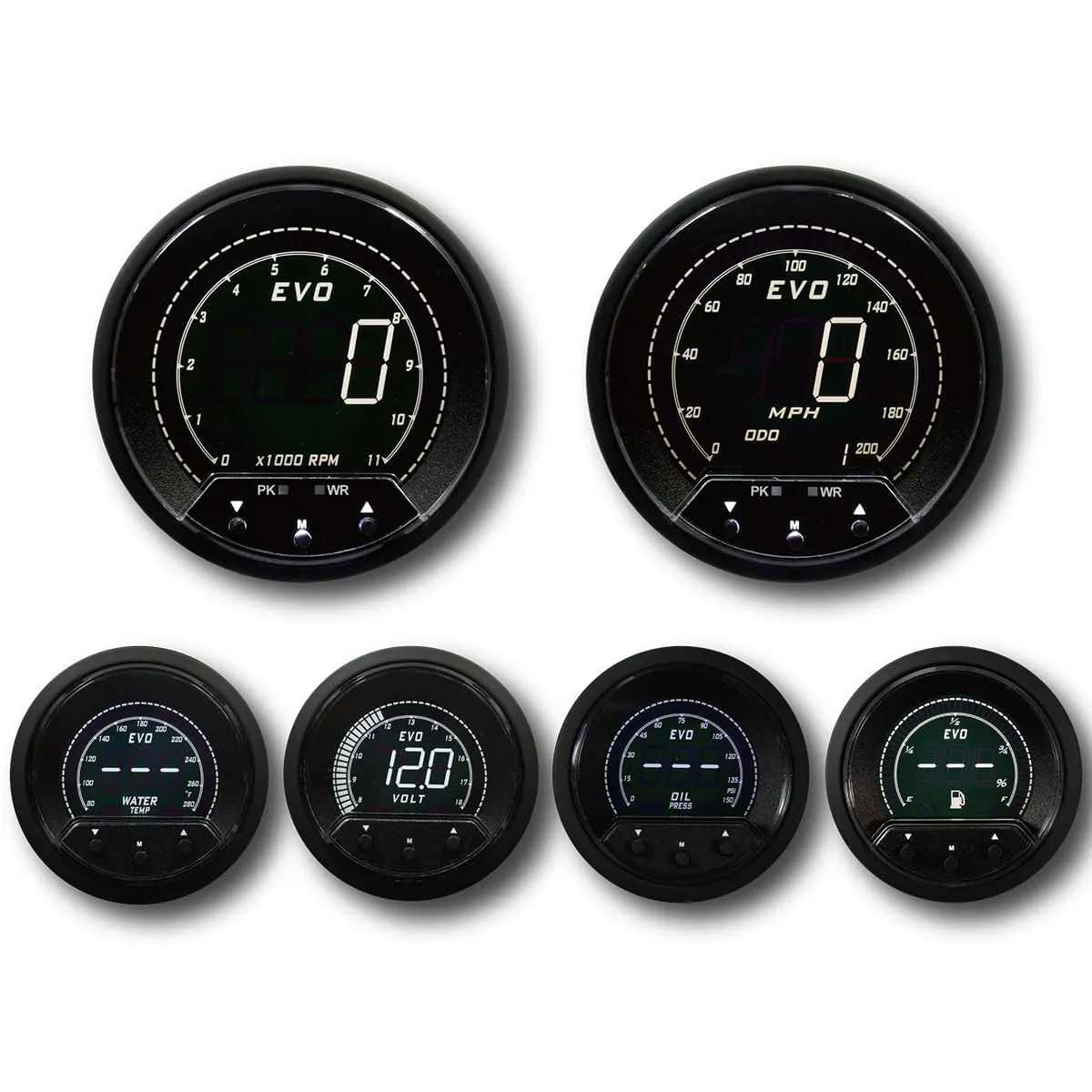 MOTOR METER RACING EVO Series Digital 6 Gauge Set - Blue Red White Green Switchable LED - 3-3/8" 85mm GPS Speedometer & Tachometer - 2-1/16" 52mm Voltage, Fuel Level, Water Temperature & Oil Pressure