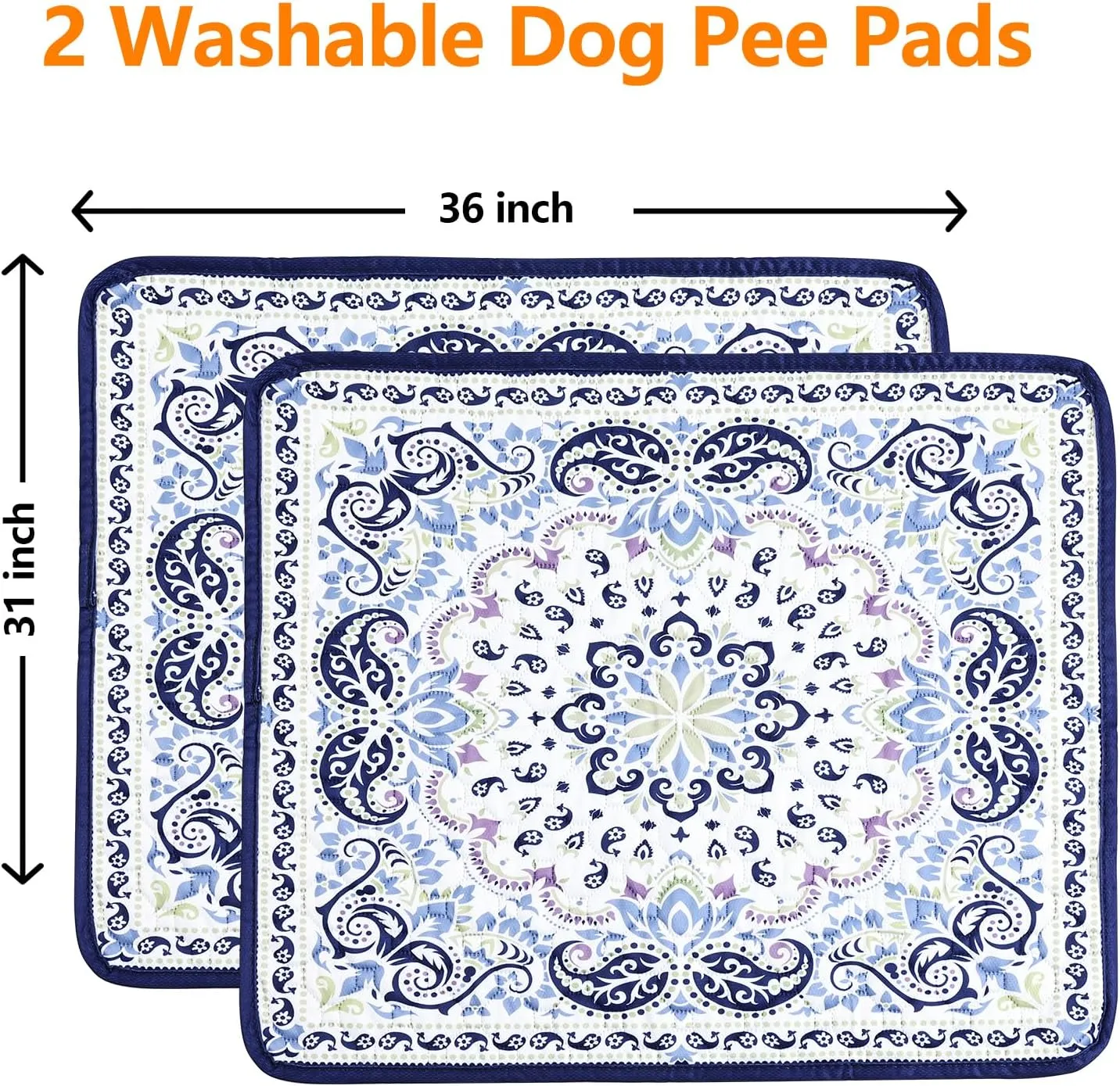 Mozin Washable Pee Pads for Dogs, 2 Pack Super Absorbent Reusable Puppy Pads Waterproof, Leak-Proof & Non-Slip Whelping Pad for Potty Training, Playpens, Crates, Floors, Beds, and Couches 31"x36"