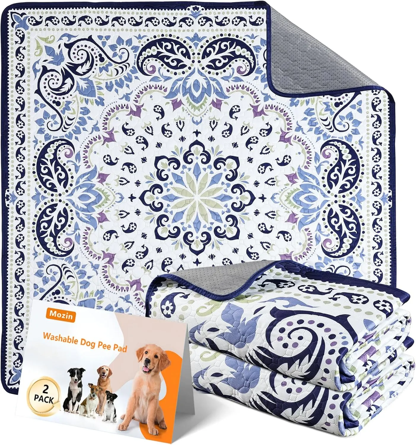 Mozin Washable Pee Pads for Dogs, 2 Pack Super Absorbent Reusable Puppy Pads Waterproof, Leak-Proof & Non-Slip Whelping Pad for Potty Training, Playpens, Crates, Floors, Beds, and Couches 31"x36"