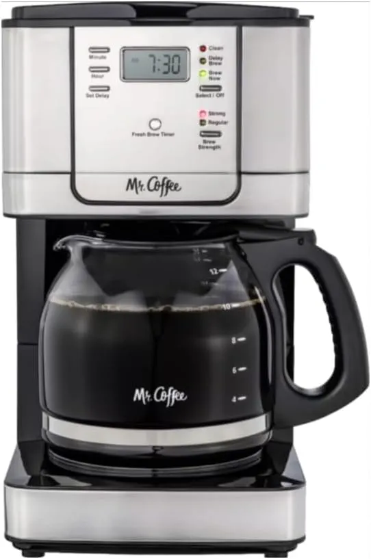 Mr. Coffee 12-Cup Programmable Digital Coffee Maker Brew Selector Stainless Steel Auto Cleaning Pause Grab-a-Cup