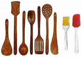 Multispace Combo of 9 pcs - 7 Handmade wooden cooking kitchen tools handmade and silicon spatula brush