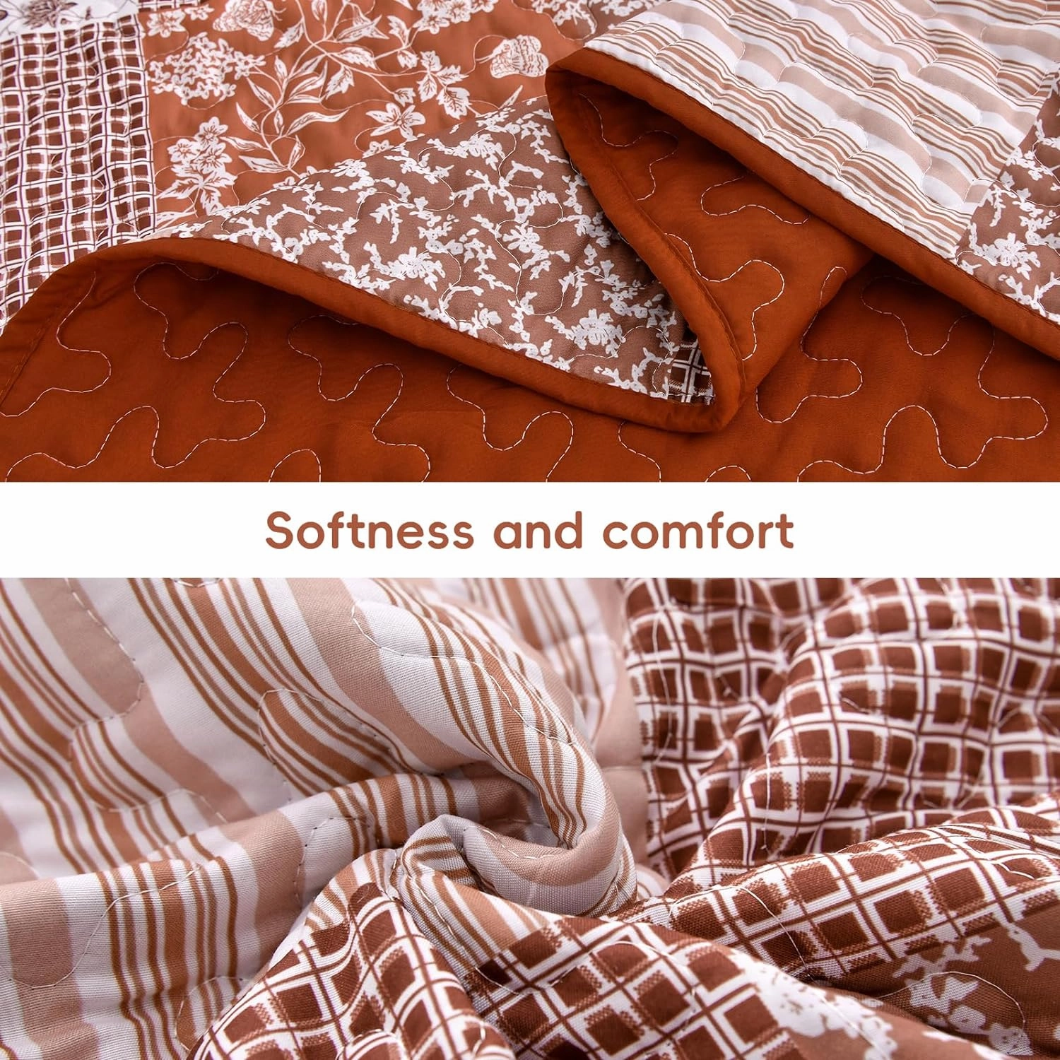 Mybedsoul Burnt Orange Quilt Set Queen Size, 3 Pieces Boho Plaid Terracotta Floral Bedspread Set Microfiber Lightweight Bohemian Bedding Bedspread Coverlet Set for All Season 90"x96"