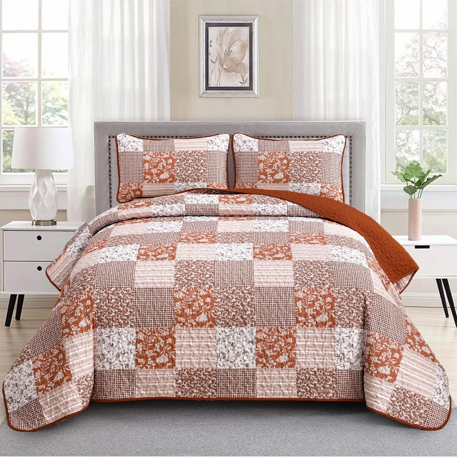 Mybedsoul Burnt Orange Quilt Set Queen Size, 3 Pieces Boho Plaid Terracotta Floral Bedspread Set Microfiber Lightweight Bohemian Bedding Bedspread Coverlet Set for All Season 90"x96"