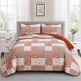 Mybedsoul Burnt Orange Quilt Set Queen Size, 3 Pieces Boho Plaid Terracotta Floral Bedspread Set Microfiber Lightweight Bohemian Bedding Bedspread Coverlet Set for All Season 90"x96"