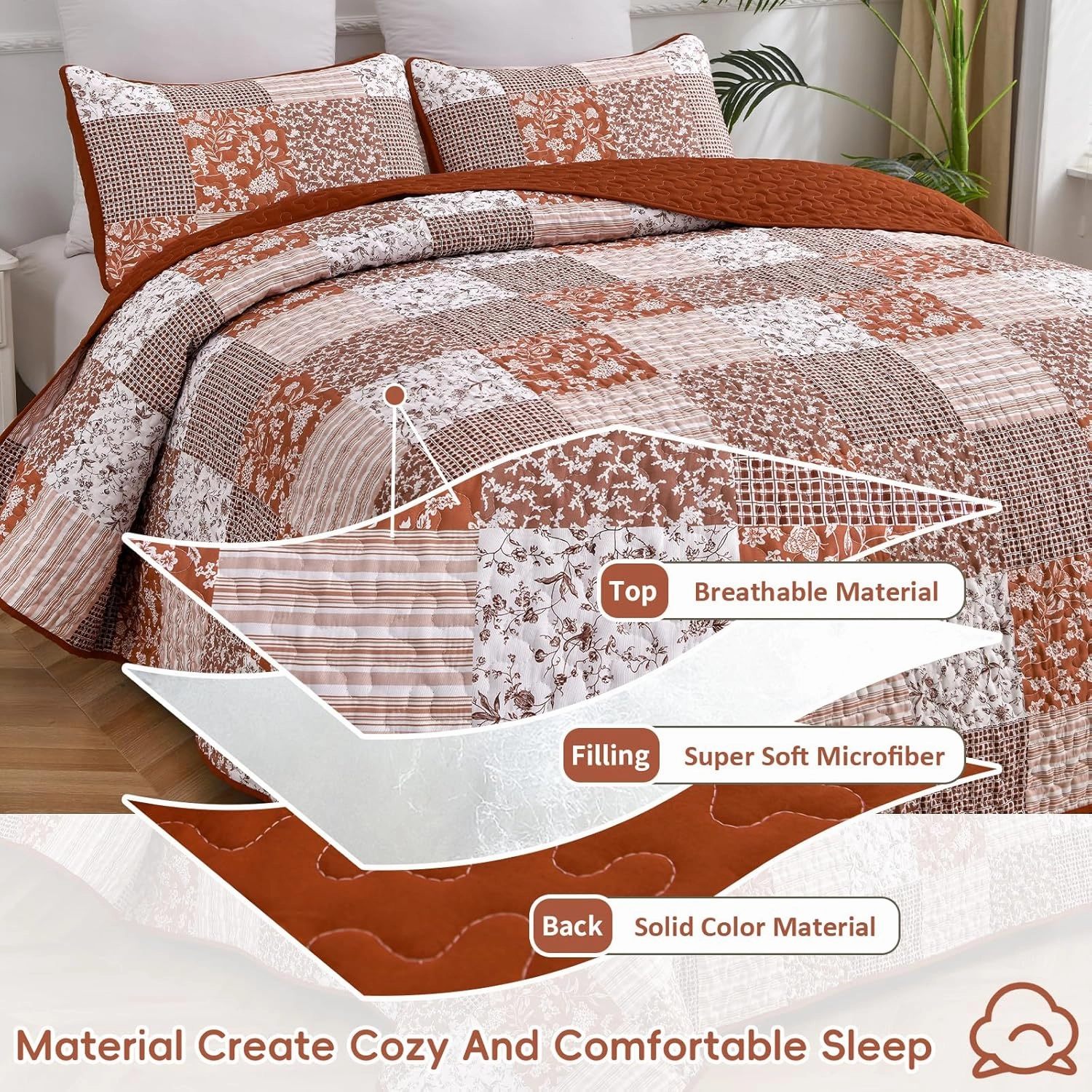 Mybedsoul Burnt Orange Quilt Set Queen Size, 3 Pieces Boho Plaid Terracotta Floral Bedspread Set Microfiber Lightweight Bohemian Bedding Bedspread Coverlet Set for All Season 90"x96"