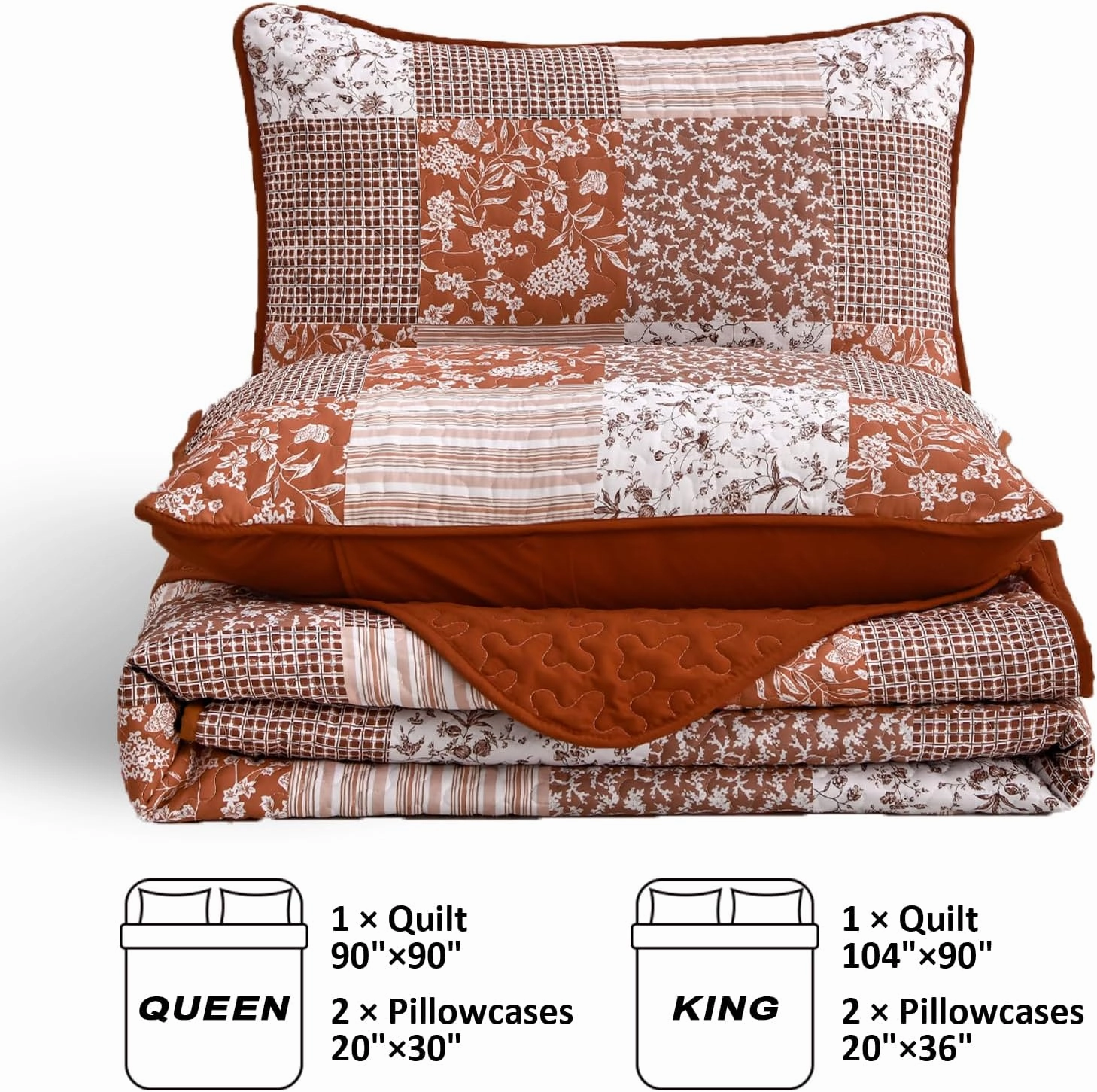 Mybedsoul Burnt Orange Quilt Set Queen Size, 3 Pieces Boho Plaid Terracotta Floral Bedspread Set Microfiber Lightweight Bohemian Bedding Bedspread Coverlet Set for All Season 90"x96"