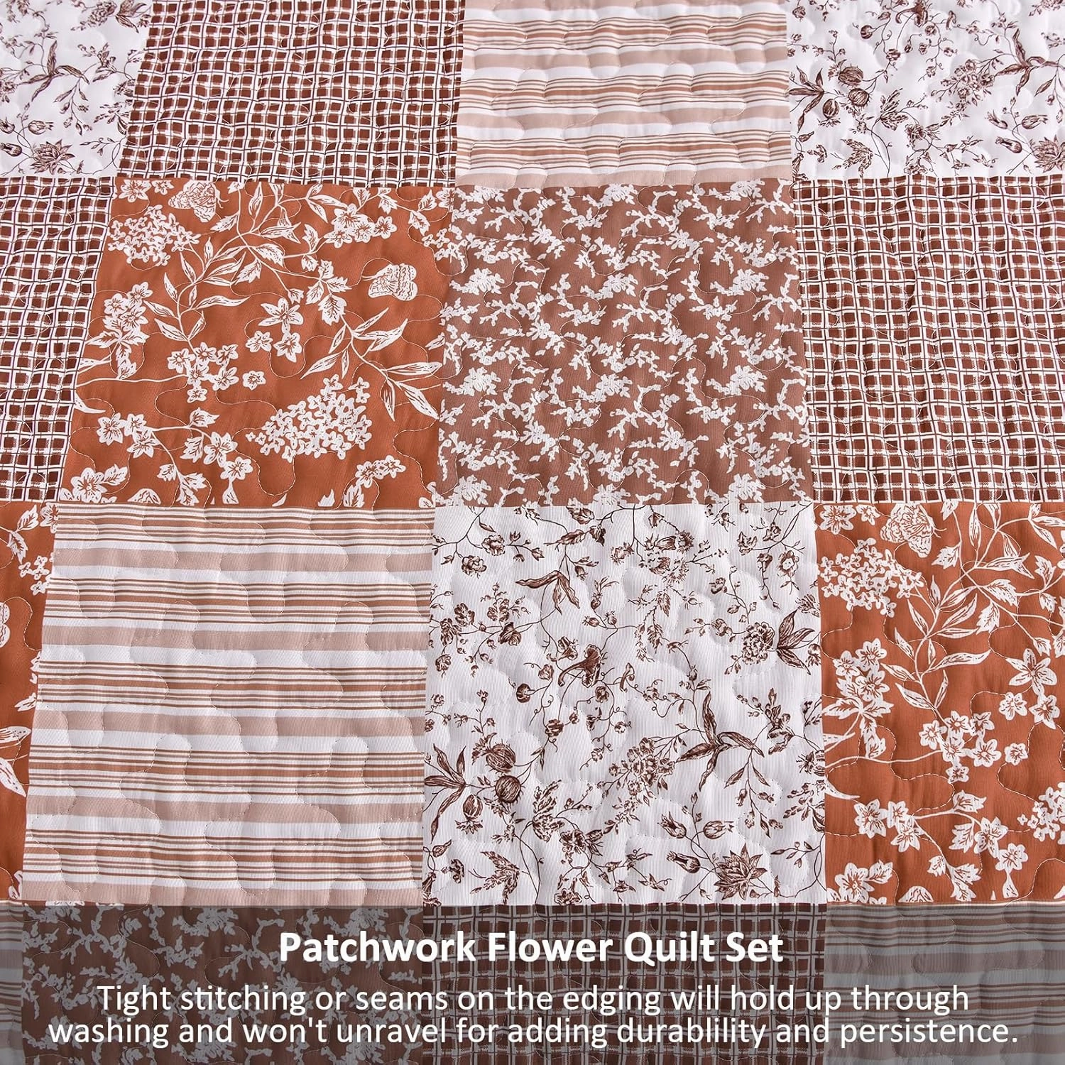 Mybedsoul Burnt Orange Quilt Set Queen Size, 3 Pieces Boho Plaid Terracotta Floral Bedspread Set Microfiber Lightweight Bohemian Bedding Bedspread Coverlet Set for All Season 90"x96"