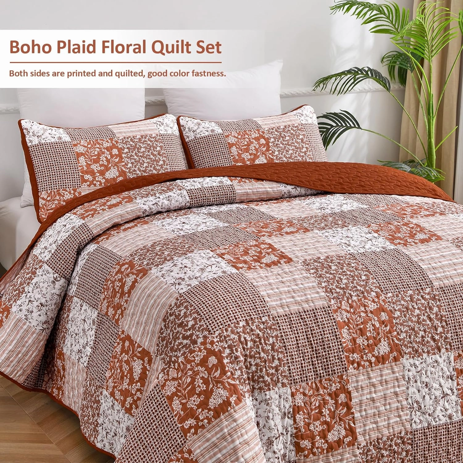 Mybedsoul Burnt Orange Quilt Set Queen Size, 3 Pieces Boho Plaid Terracotta Floral Bedspread Set Microfiber Lightweight Bohemian Bedding Bedspread Coverlet Set for All Season 90"x96"