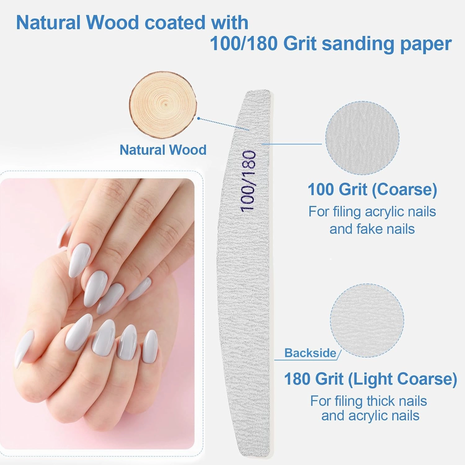 Nail Files (100 Pack), 100/180 Grit Wooden Emery Board Nail File Double Sided Wood Emory Fingernail Files for Natural Nails Professional Reusable Manicure Pedicure Curved