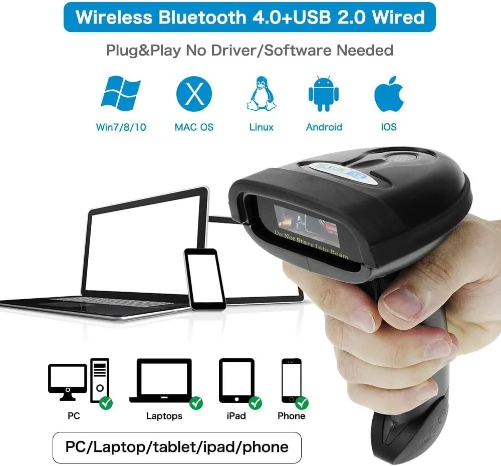 NETUM Bluetooth Barcode Scanner, Compatible with 2.4G Wireless & Bluetooth Function & Wired Connection, Connect Smart Phone, Tablet, PC, CCD Bar Code Reader Work with Windows, Mac,Android (NT-1228BC)