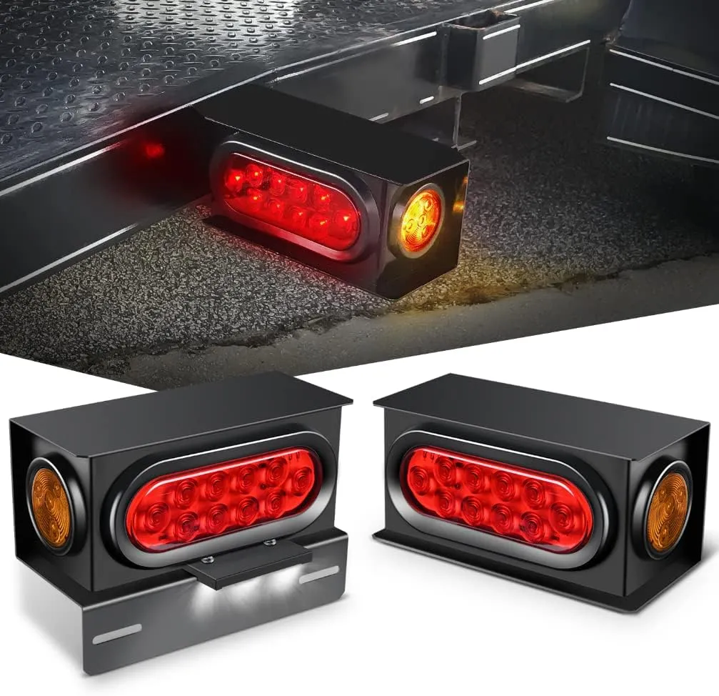 Nilight 2PCS Steel Trailer Light Boxes Housing Kit w/ 6Inch Oval Red Tail Lights 2 Inch Round Amber Side Marker 3LED License Plate Lighting w/Grommet Plugs