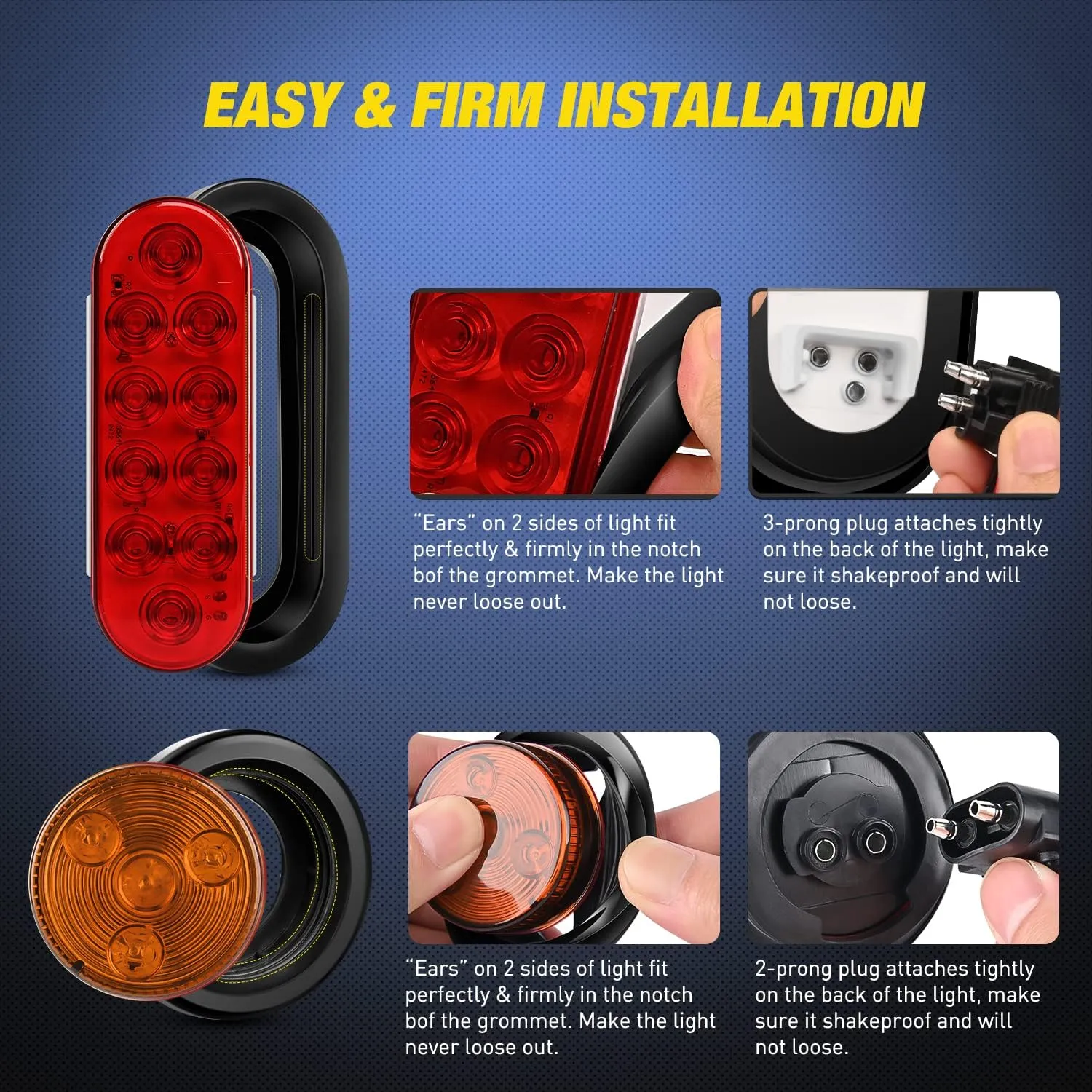 Nilight 2PCS Steel Trailer Light Boxes Housing Kit w/ 6Inch Oval Red Tail Lights 2 Inch Round Amber Side Marker 3LED License Plate Lighting w/Grommet Plugs