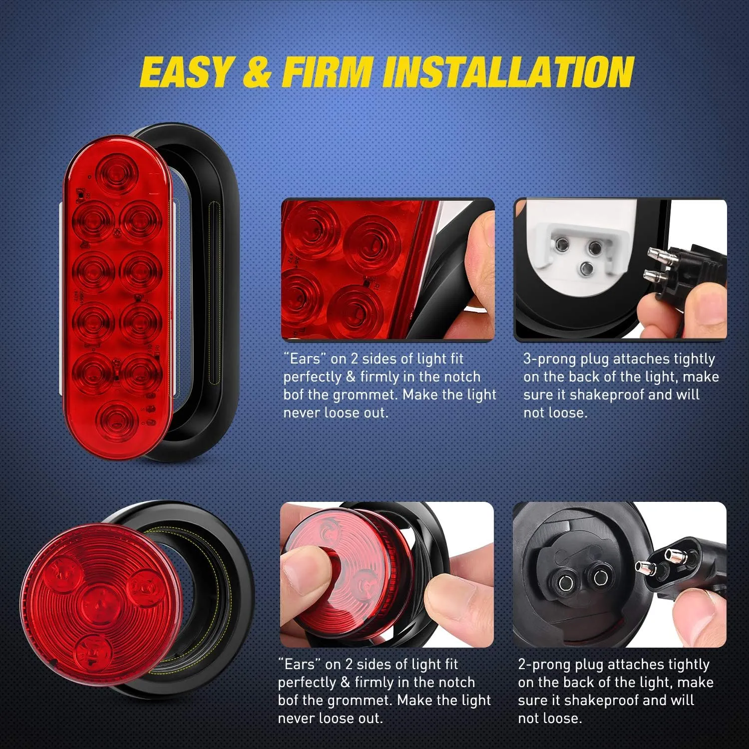 Nilight 2PCS Steel Trailer Light Boxes Housing Kit w/6Inch Oval Red LED Trailer Tail Lights 2 Inch Round Red LED Side Marker Lights w/Grommet Plugs Wire connectors