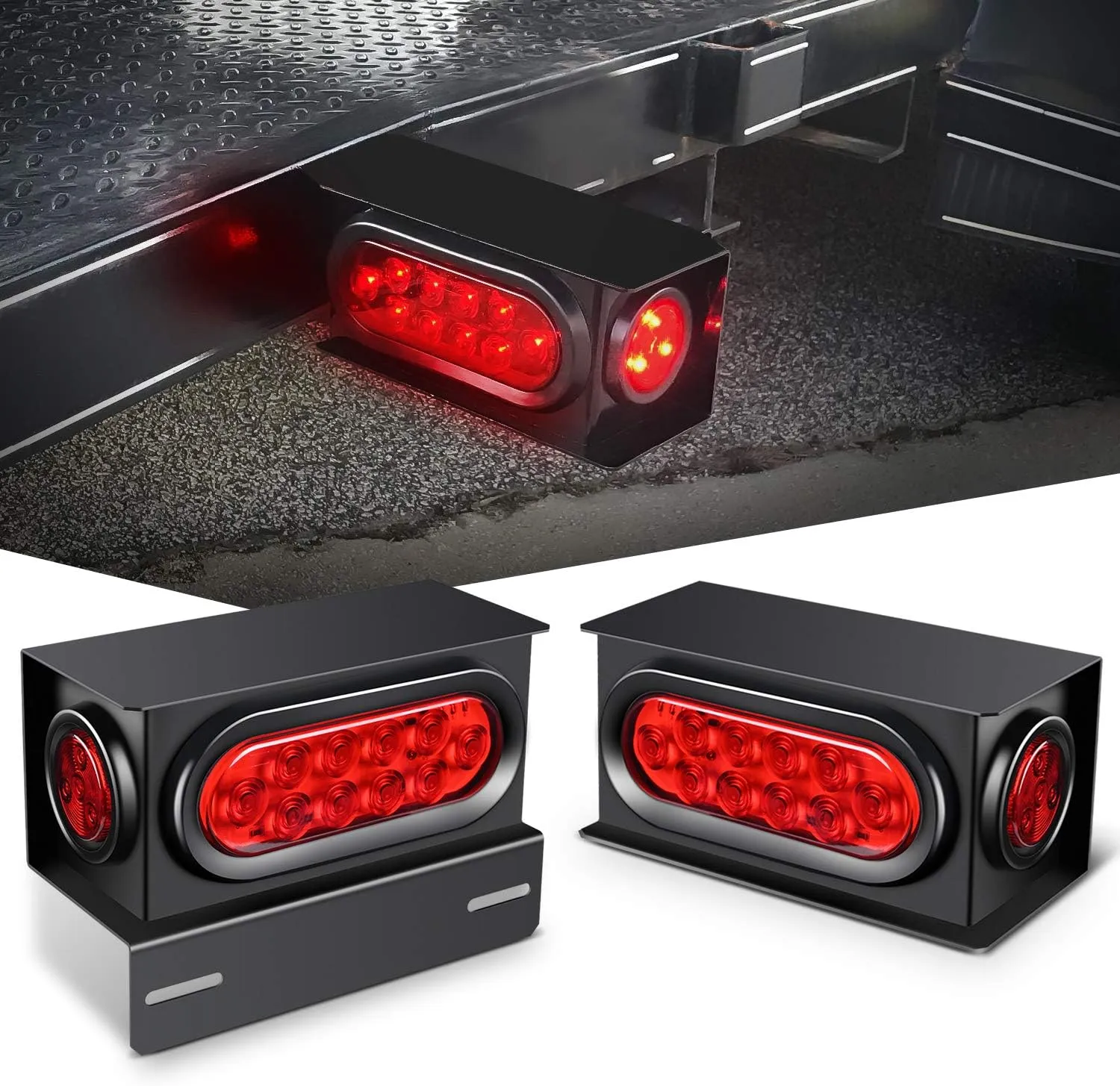 Nilight 2PCS Steel Trailer Light Boxes Housing Kit w/6Inch Oval Red LED Trailer Tail Lights 2 Inch Round Red LED Side Marker Lights w/Grommet Plugs Wire connectors