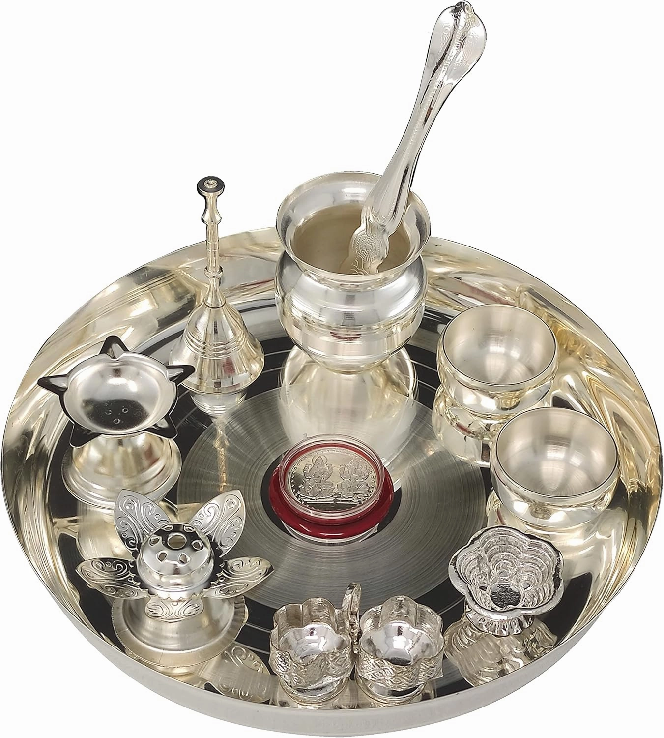 NOBILITY Silver Plated Pooja Thali Set 8 Inch with Plate Kalash Bowl Agarbatti Stand Palli Diya Kumkum Stand Coin Puja Thali for Diwali Home Mandir Office Wedding Return Gift Items