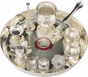 NOBILITY Silver Plated Pooja Thali Set 8 Inch with Plate Kalash Bowl Agarbatti Stand Palli Diya Kumkum Stand Coin Puja Thali for Diwali Home Mandir Office Wedding Return Gift Items