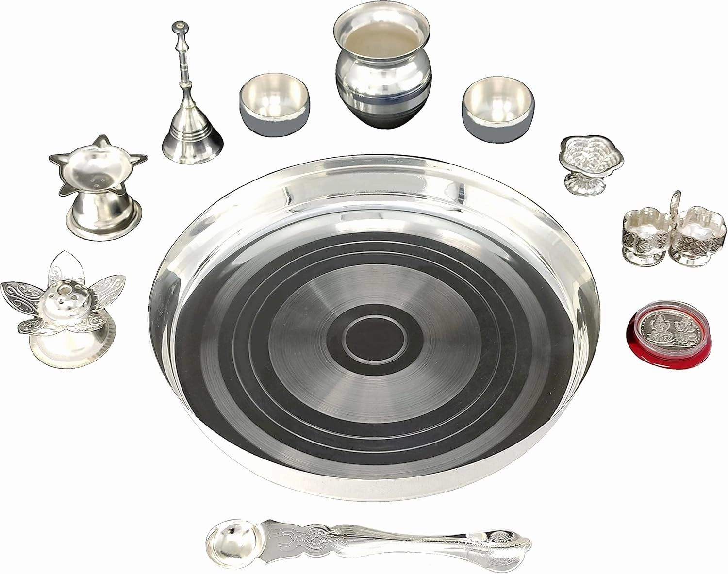 NOBILITY Silver Plated Pooja Thali Set 8 Inch with Plate Kalash Bowl Agarbatti Stand Palli Diya Kumkum Stand Coin Puja Thali for Diwali Home Mandir Office Wedding Return Gift Items