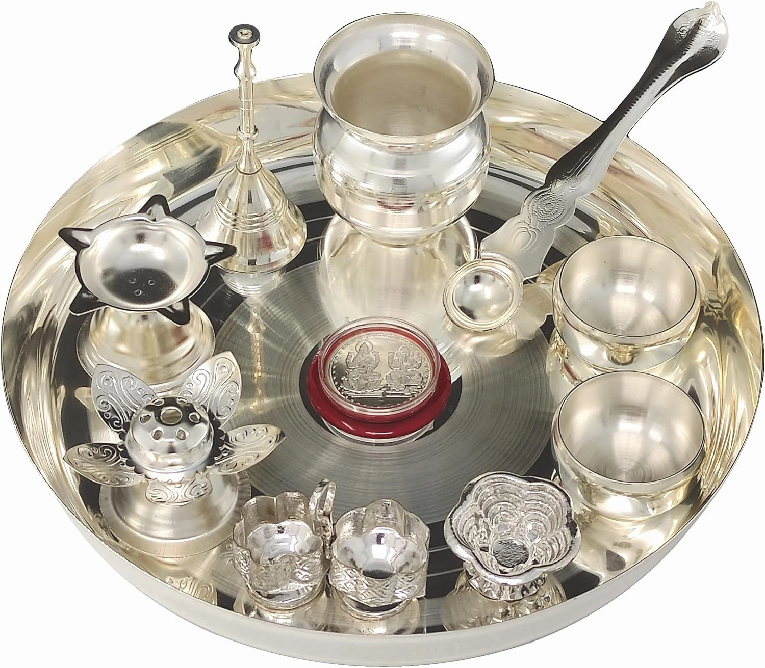 NOBILITY Silver Plated Pooja Thali Set 8 Inch with Plate Kalash Bowl Agarbatti Stand Palli Diya Kumkum Stand Coin Puja Thali for Diwali Home Mandir Office Wedding Return Gift Items