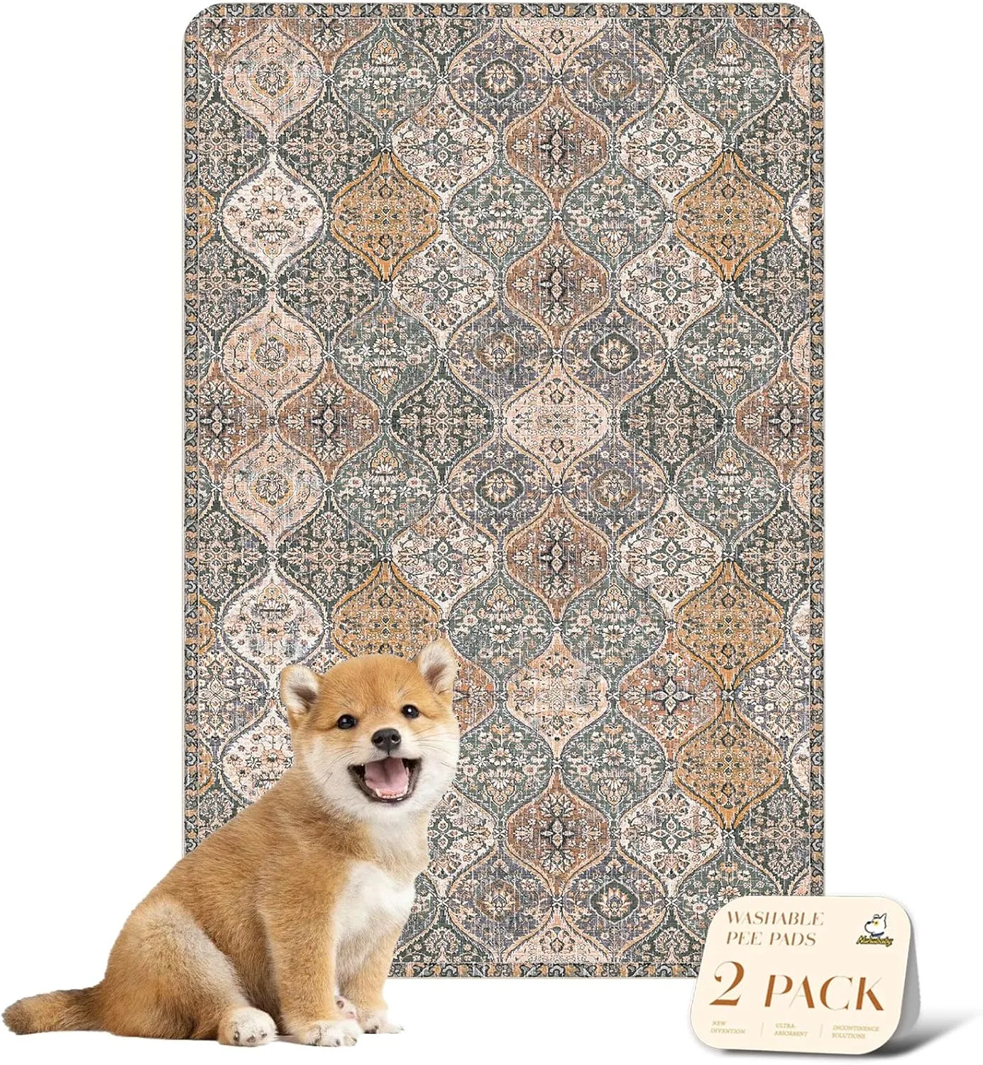 nunubaby Washable Pee Pads for Dogs, Stylish, Non-Slip and Leak-Proof Pee Pads. Reusable Potty Pads for Dogs for Crates and Floors.(Khaki/Multi, 24" x36" )