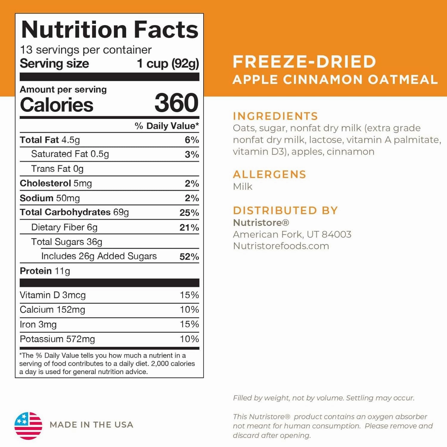 Nutristore Freeze-Dried Apple Cinnamon Oatmeal | Emergency Survival Bulk Food Storage Meal | Perfect for Everyday Quick Meals or Long-Term Storage | 25 Year Shelf Life | USDA Inspected (1-Pack)