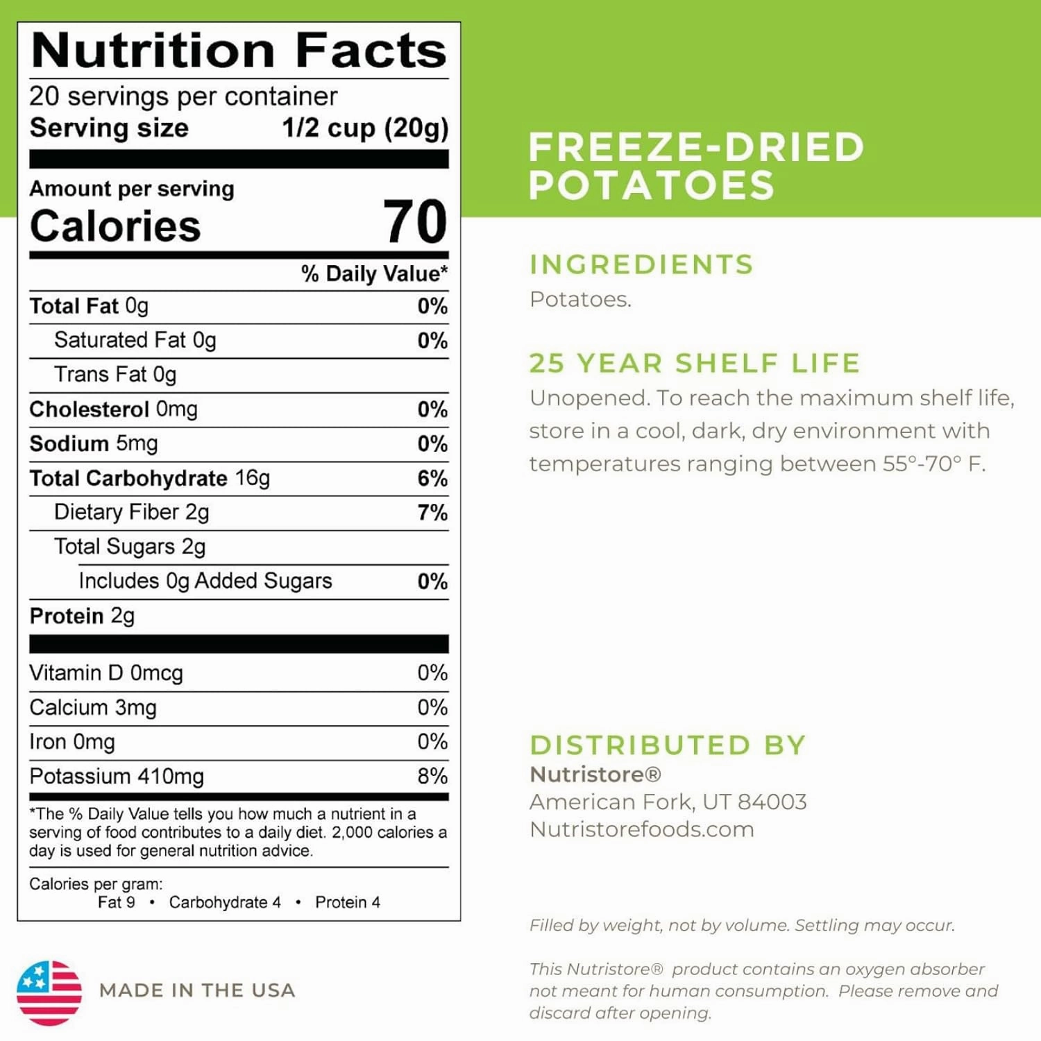 Nutristore Freeze Dried Potatoes | Premium Vegetables for Long Term Storage, Camping Meals or Recipes | Emergency Survival Canned Food Supply | Bulk #10 Can Veggies | 25 Year Shelf Life | 20 Servings