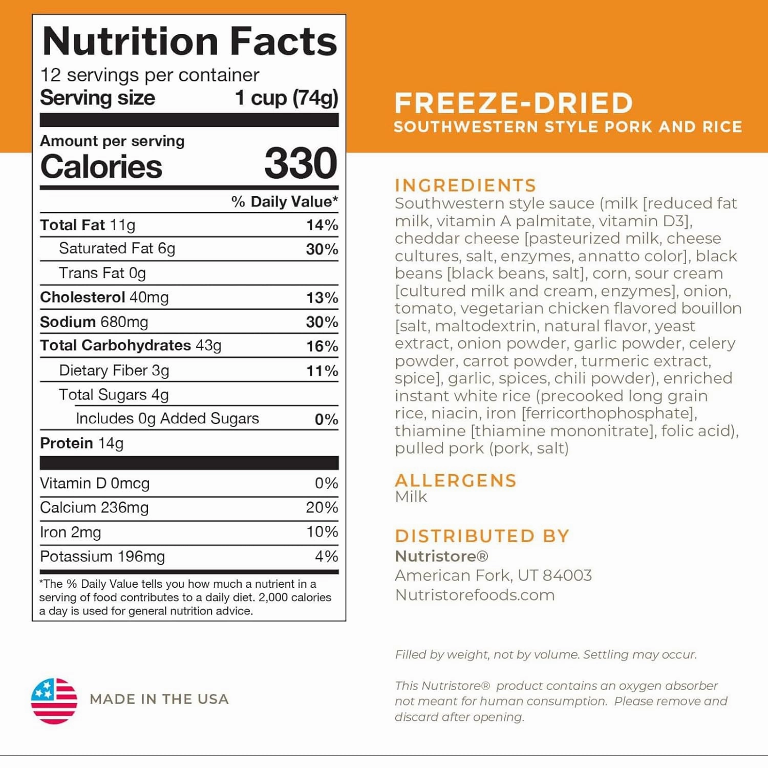 Nutristore Freeze-Dried Southwestern Style Pork and Rice | Emergency Survival Bulk Food Storage Meal | Perfect for Everyday Meals and Long-Term Storage | 25 Year Shelf Life | USDA Inspected (1-Pack)