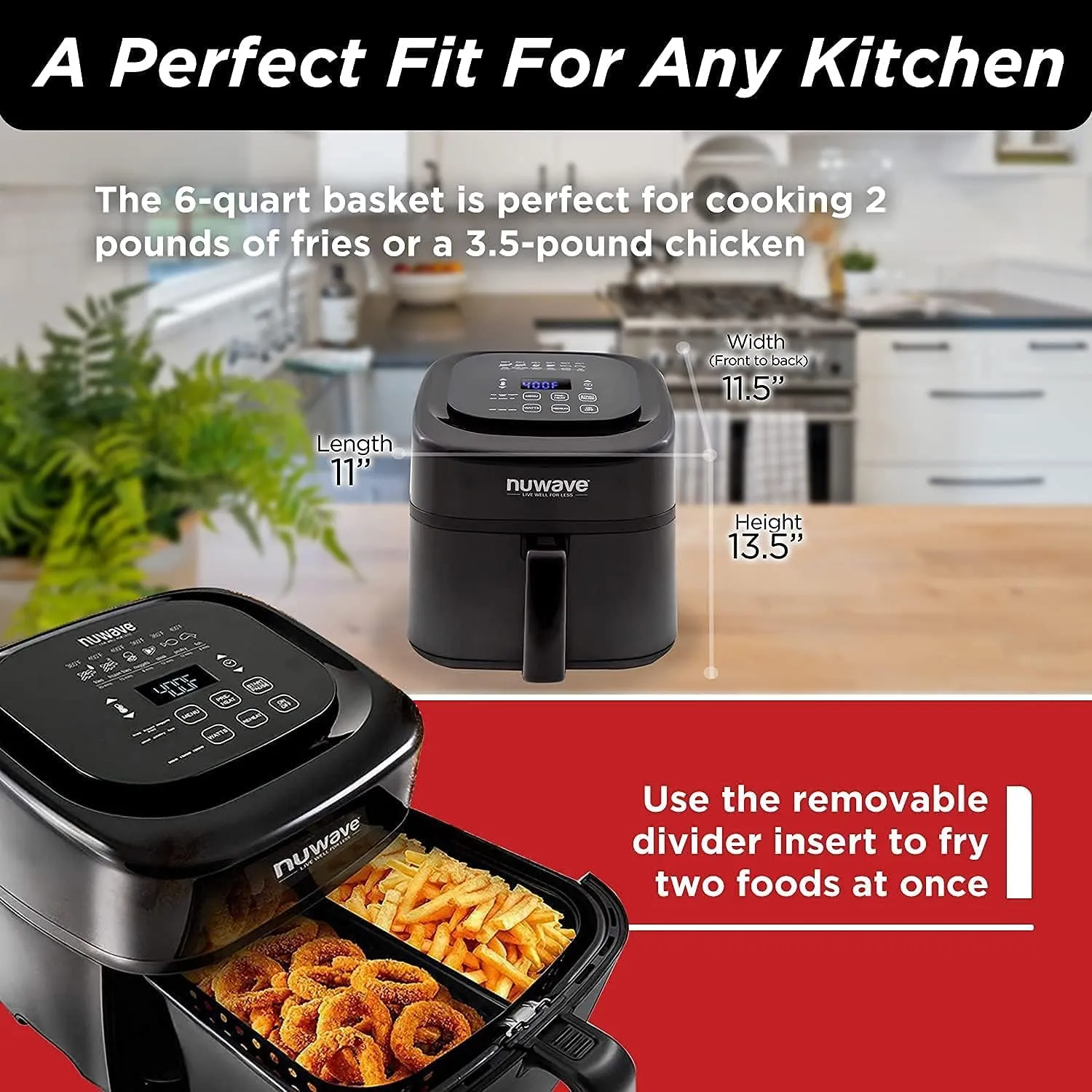 Nuwave Brio 6-Quart Digital Air Fryer Including Non-Stick Baking Pan and Stainless-Steel Cooking Rack (6-Quart   Gourmet Kit), Black