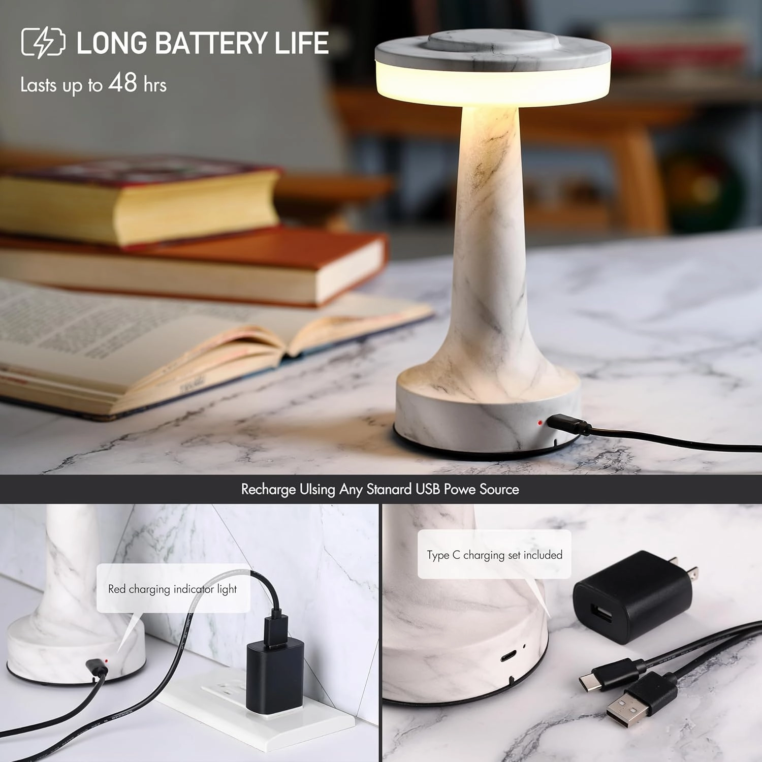 O’Bright Portable LED Table Lamp with Touch Sensor, RGB Light, Dimmable, Rechargeable Battery, Night Light for Kids Nursery, Nightstand Lamp, Bedside Lamp, White Marble