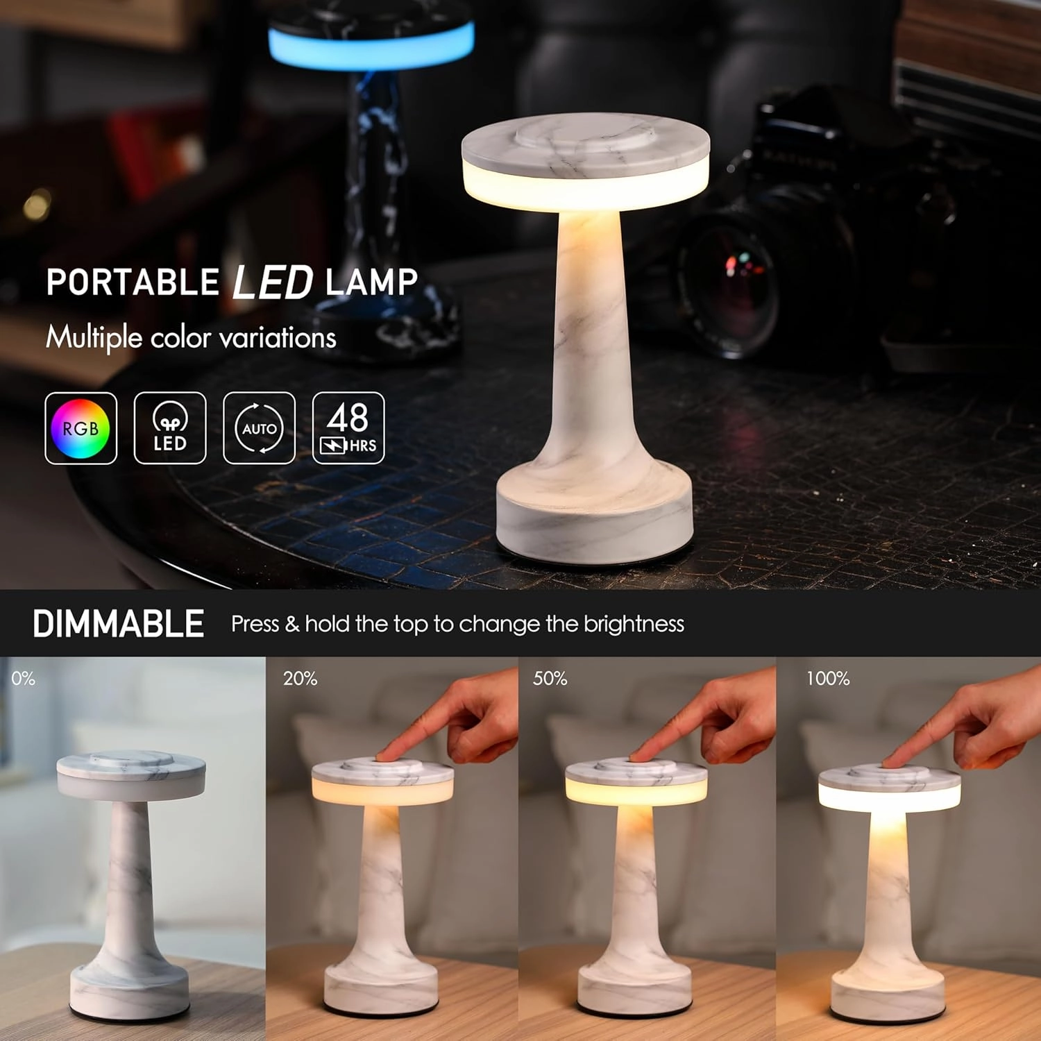 O’Bright Portable LED Table Lamp with Touch Sensor, RGB Light, Dimmable, Rechargeable Battery, Night Light for Kids Nursery, Nightstand Lamp, Bedside Lamp, White Marble