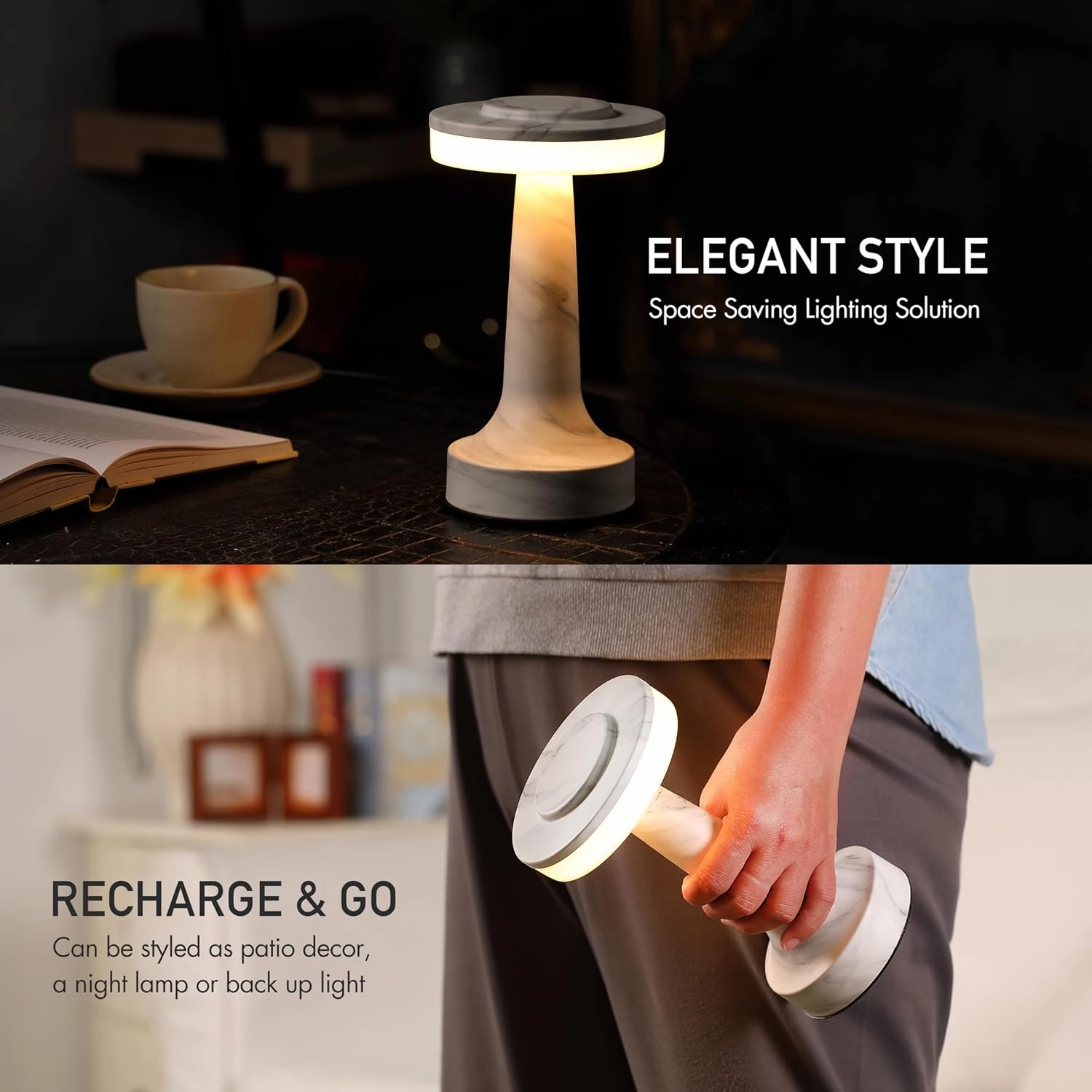 O’Bright Portable LED Table Lamp with Touch Sensor, RGB Light, Dimmable, Rechargeable Battery, Night Light for Kids Nursery, Nightstand Lamp, Bedside Lamp, White Marble