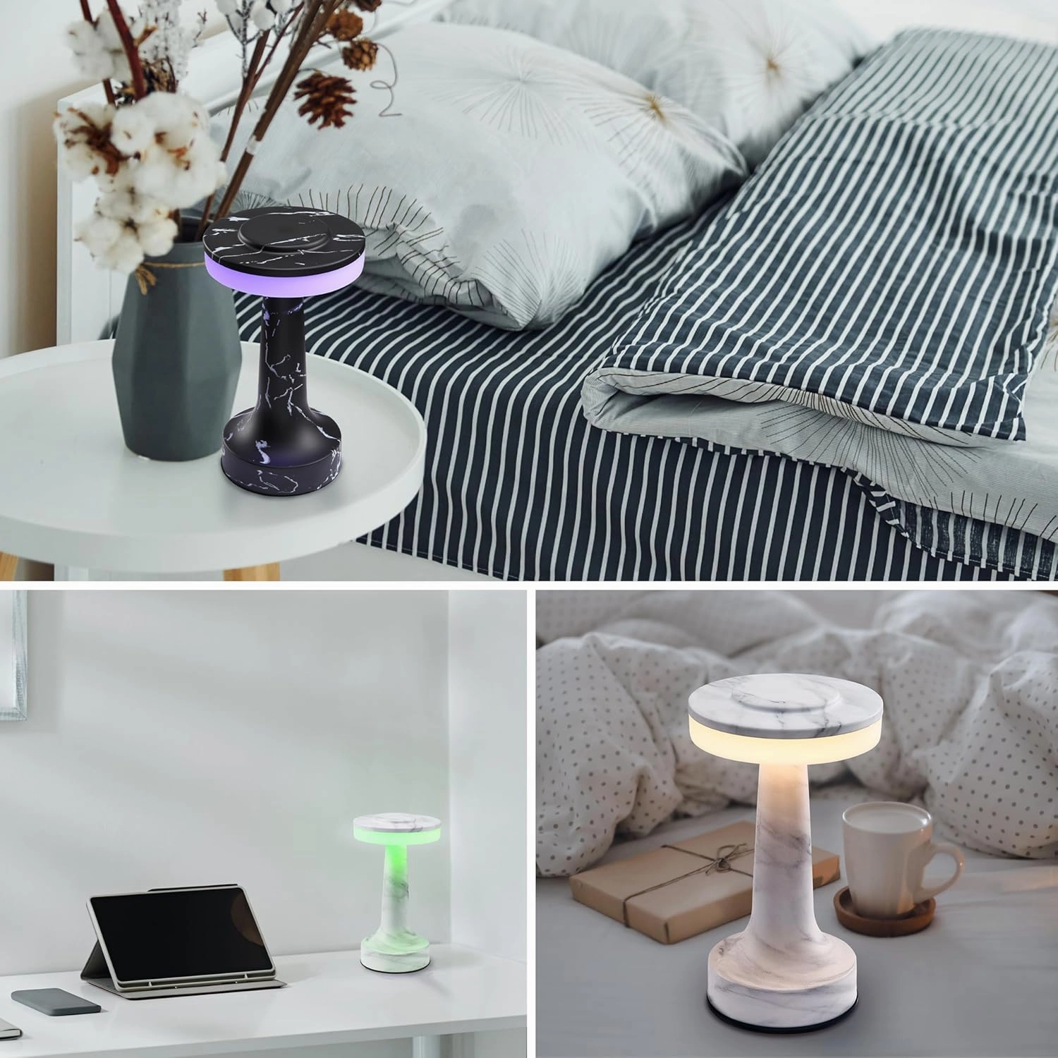 O’Bright Portable LED Table Lamp with Touch Sensor, RGB Light, Dimmable, Rechargeable Battery, Night Light for Kids Nursery, Nightstand Lamp, Bedside Lamp, White Marble